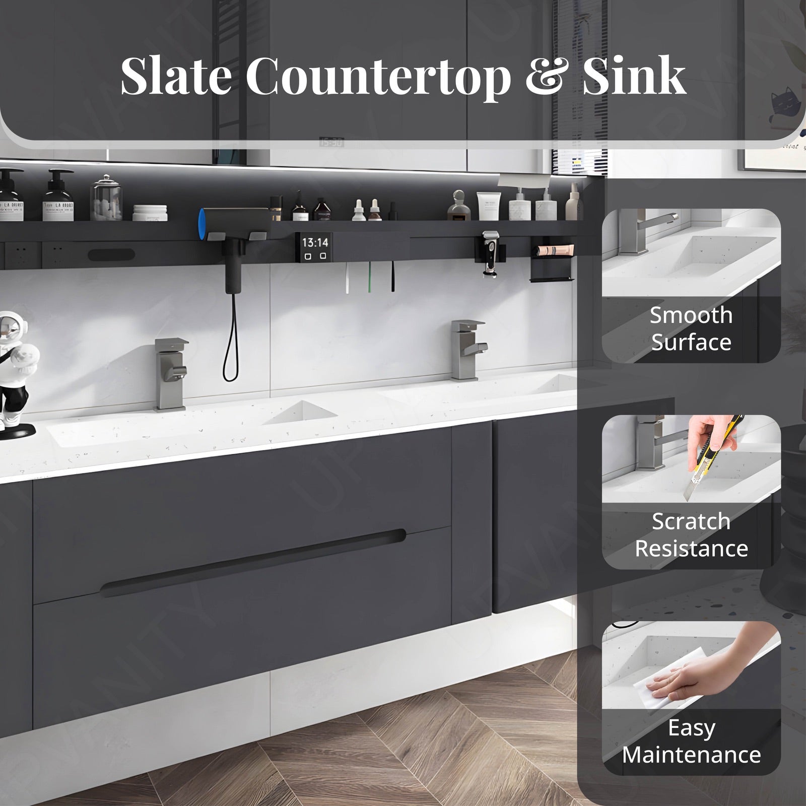 Modern Bath Vanity Set, Gray, White Slate Top, 52"-78", Double, Floating, Smart LED Mirror, Rear Cabinet, Storage Rack, Sensor Light