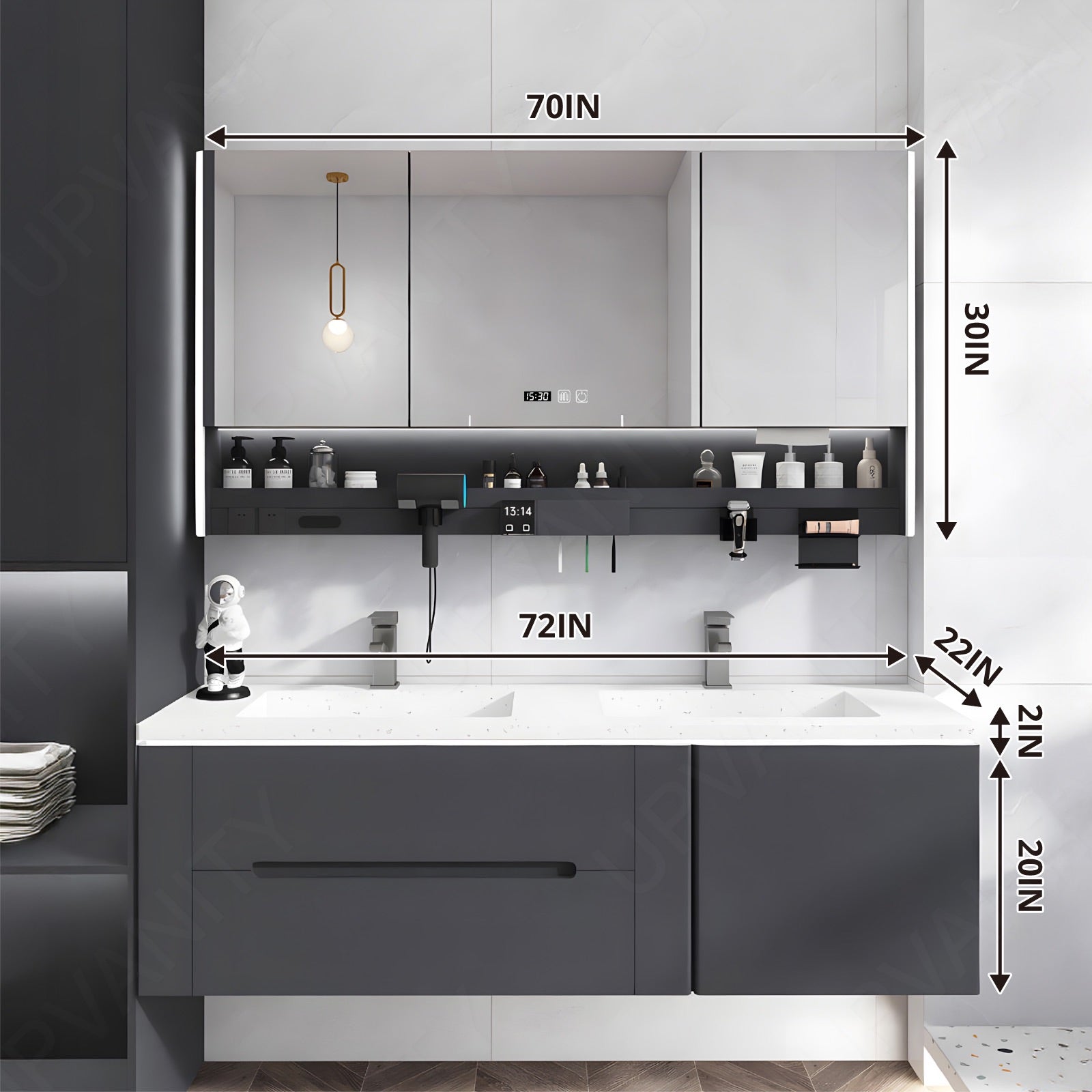 Modern Bath Vanity Set, Gray, White Slate Top, 52"-78", Double, Floating, Smart LED Mirror, Rear Cabinet, Storage Rack, Sensor Light