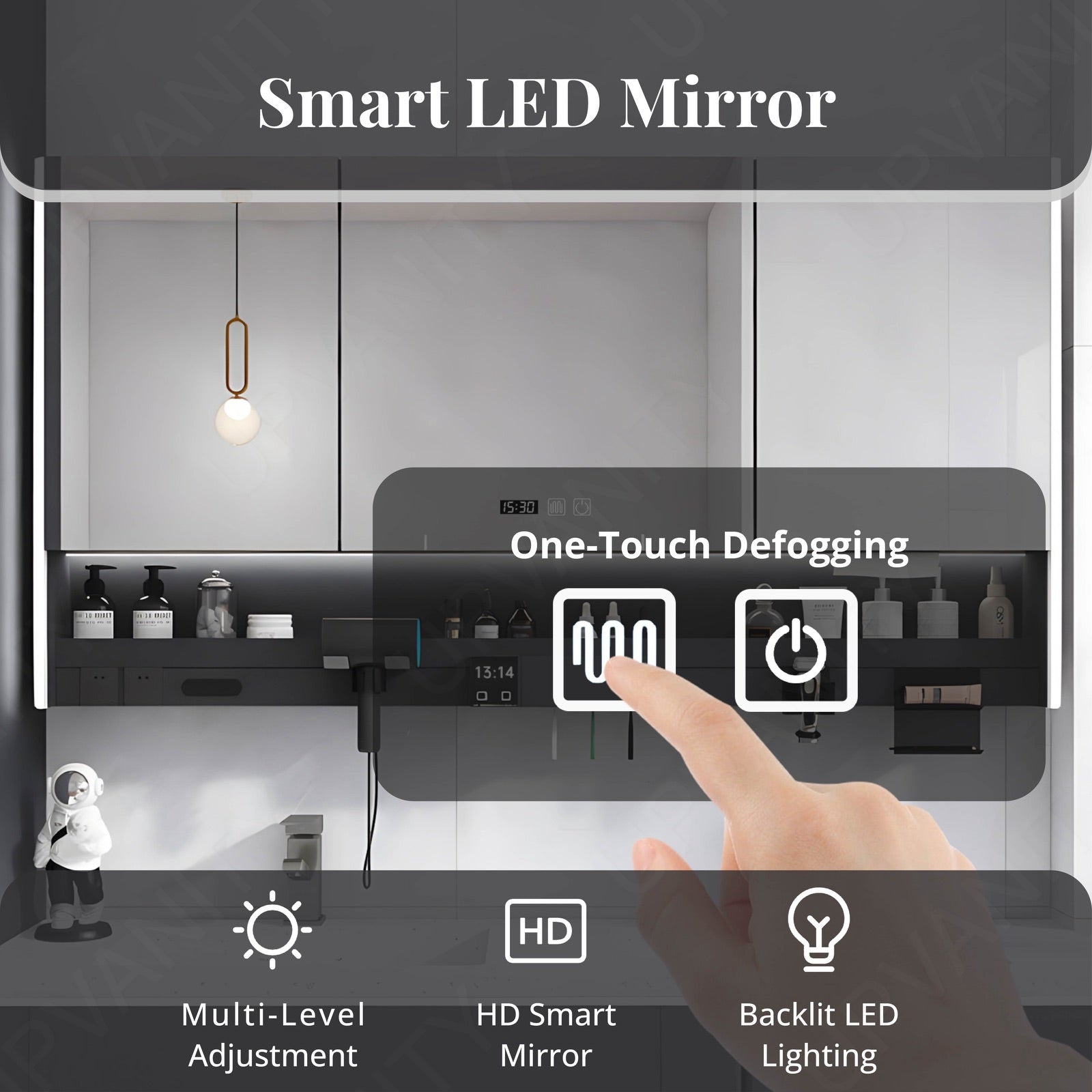 Modern Bath Vanity Set, Gray, White Slate Top, 52"-78", Double, Floating, Smart LED Mirror, Rear Cabinet, Storage Rack, Sensor Light