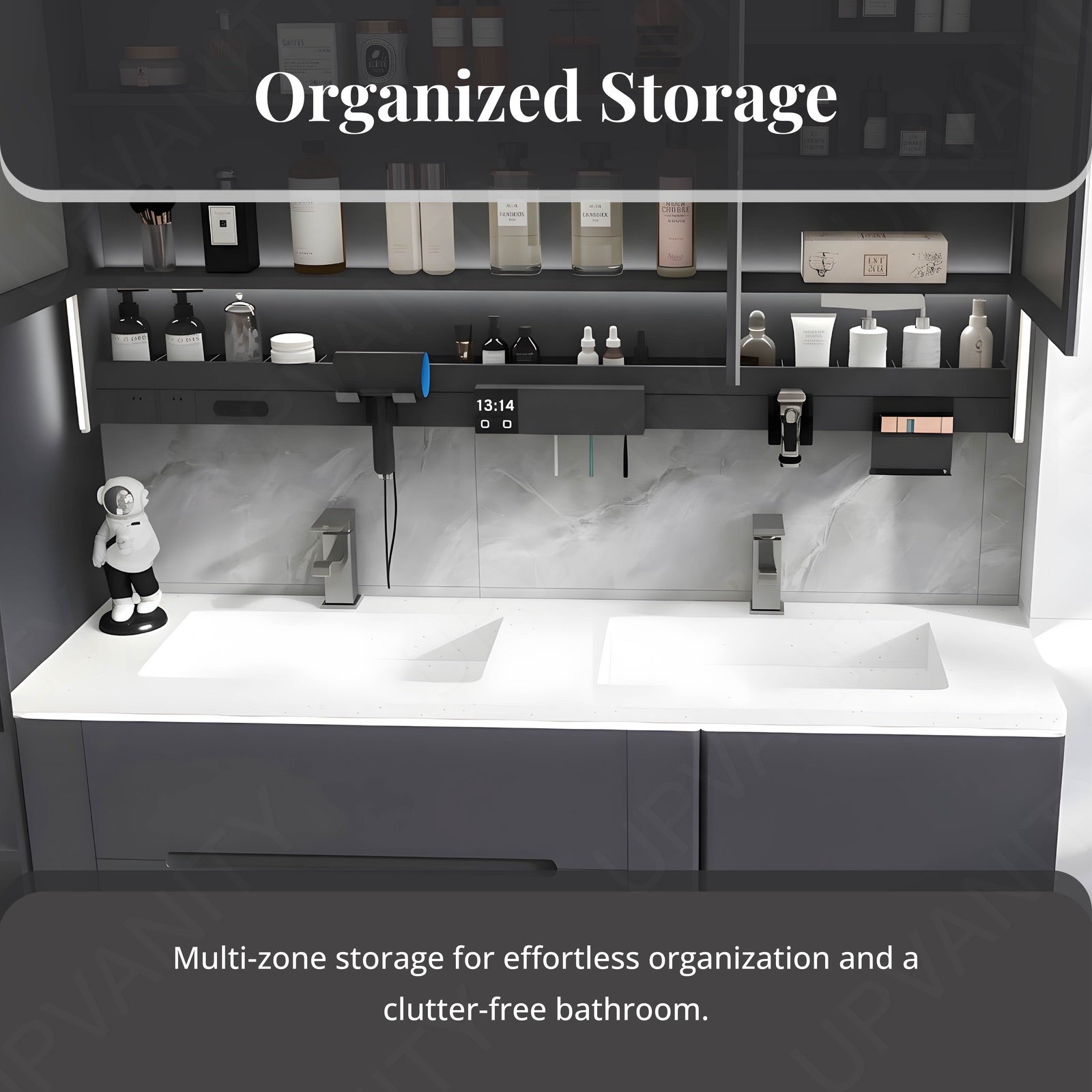 Modern Bath Vanity Set, Gray, White Slate Top, 52"-78", Double, Floating, Smart LED Mirror, Rear Cabinet, Storage Rack, Sensor Light