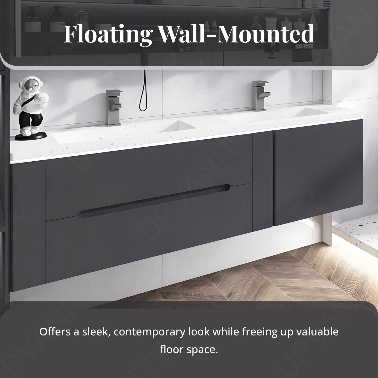 Modern Bath Vanity Set, Gray, White Slate Top, 52"-78", Double, Floating, Smart LED Mirror, Rear Cabinet, Storage Rack, Sensor Light