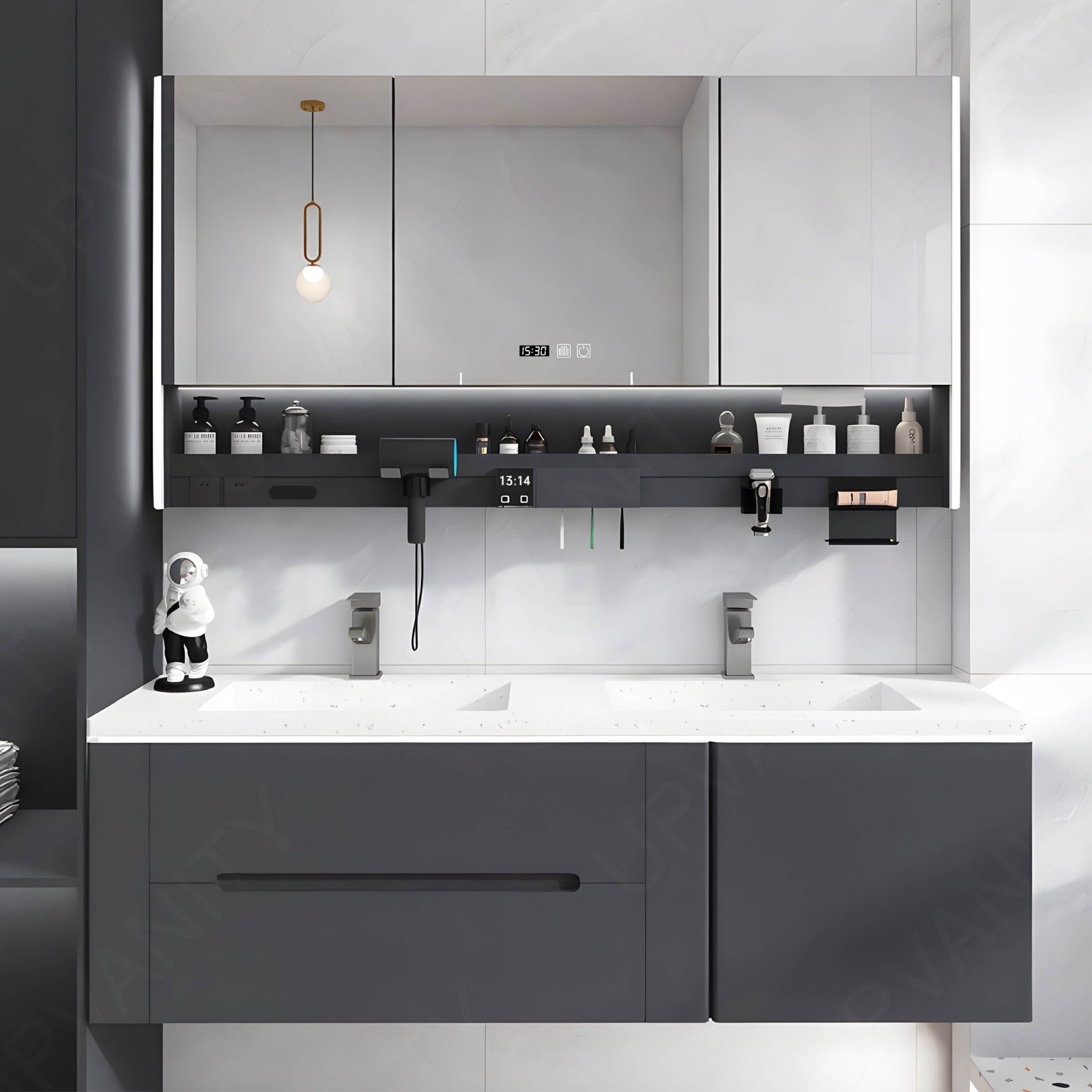 Modern Bath Vanity Set, Gray, White Slate Top, 52"-78", Double, Floating, Smart LED Mirror, Rear Cabinet, Storage Rack, Sensor Light