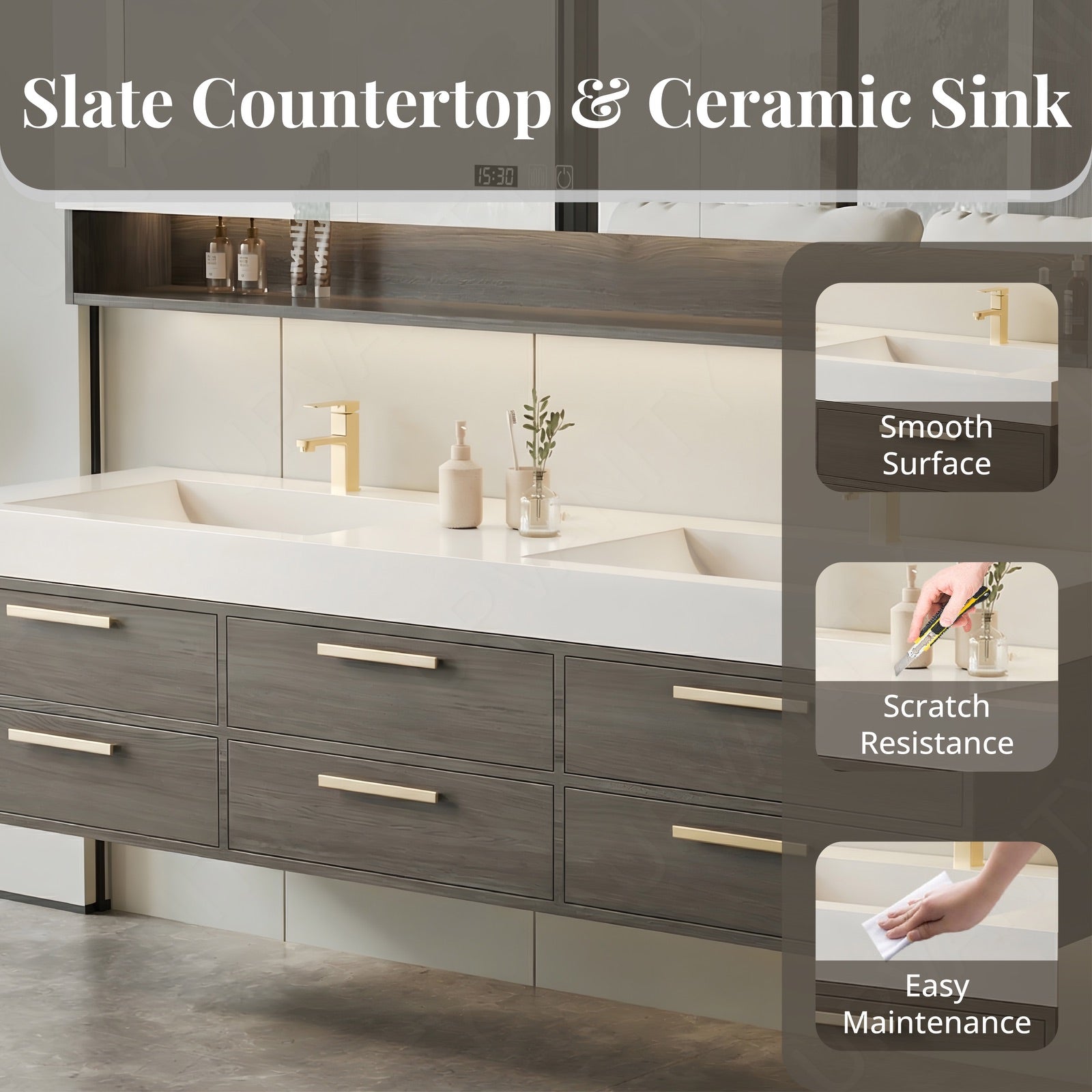 Modern Bath Vanity Set, Brown, Gold Accents, 40