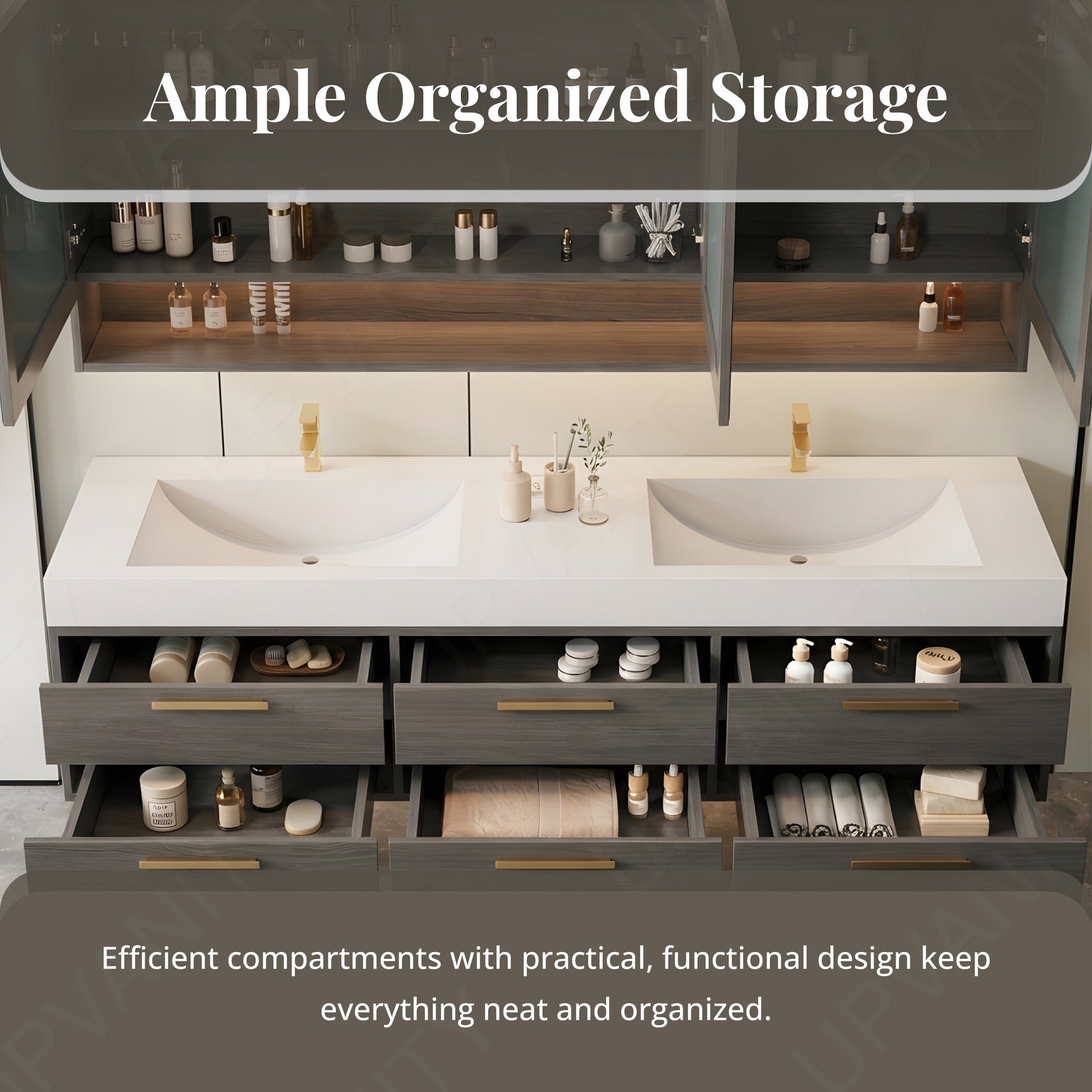 Modern Bath Vanity Set, Brown, Gold Accents, 40