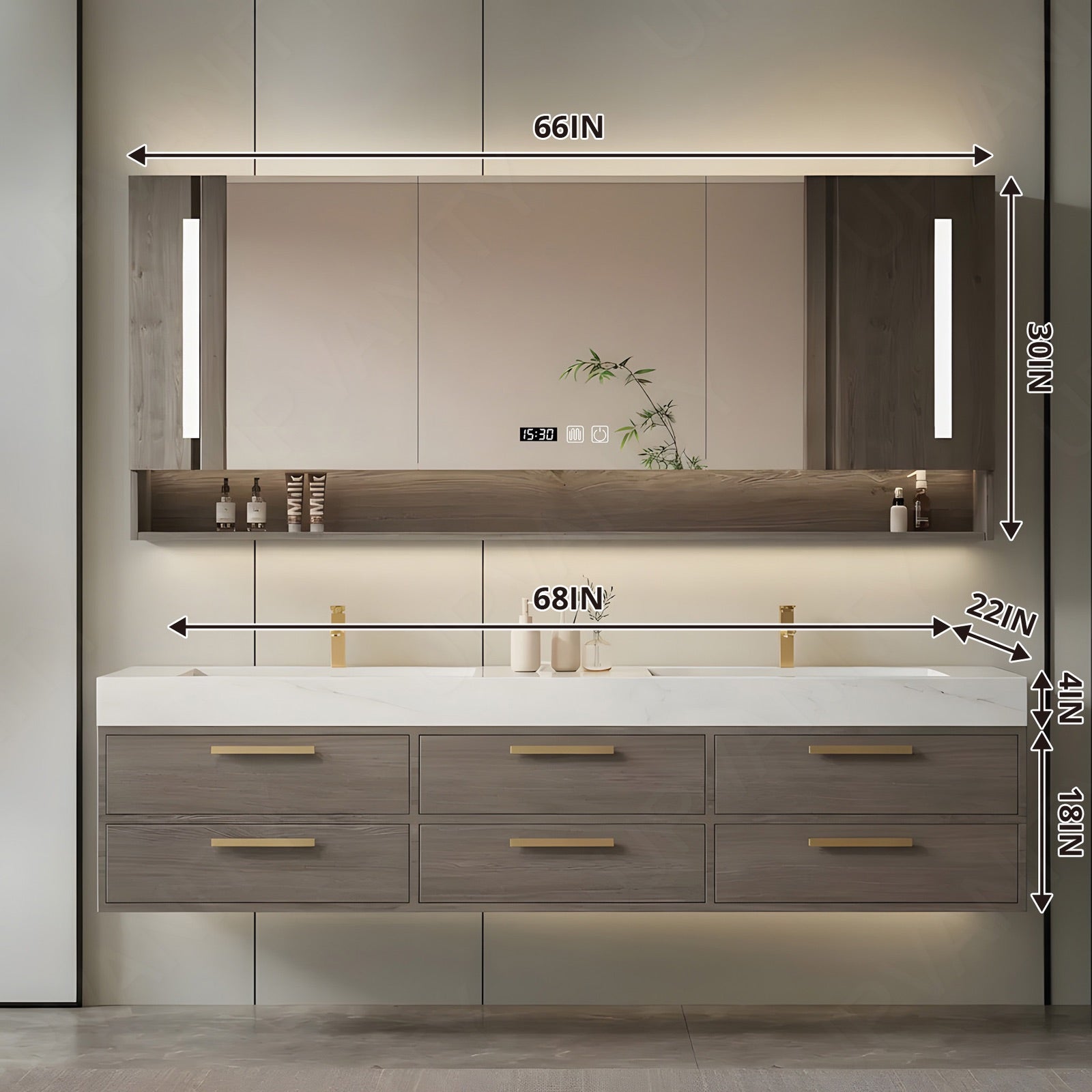 Modern Bath Vanity Set, Gray, White Slate Top, 56"-78", Double, Floating, Gold Accents, Smart LED Mirror, Rear Cabinet