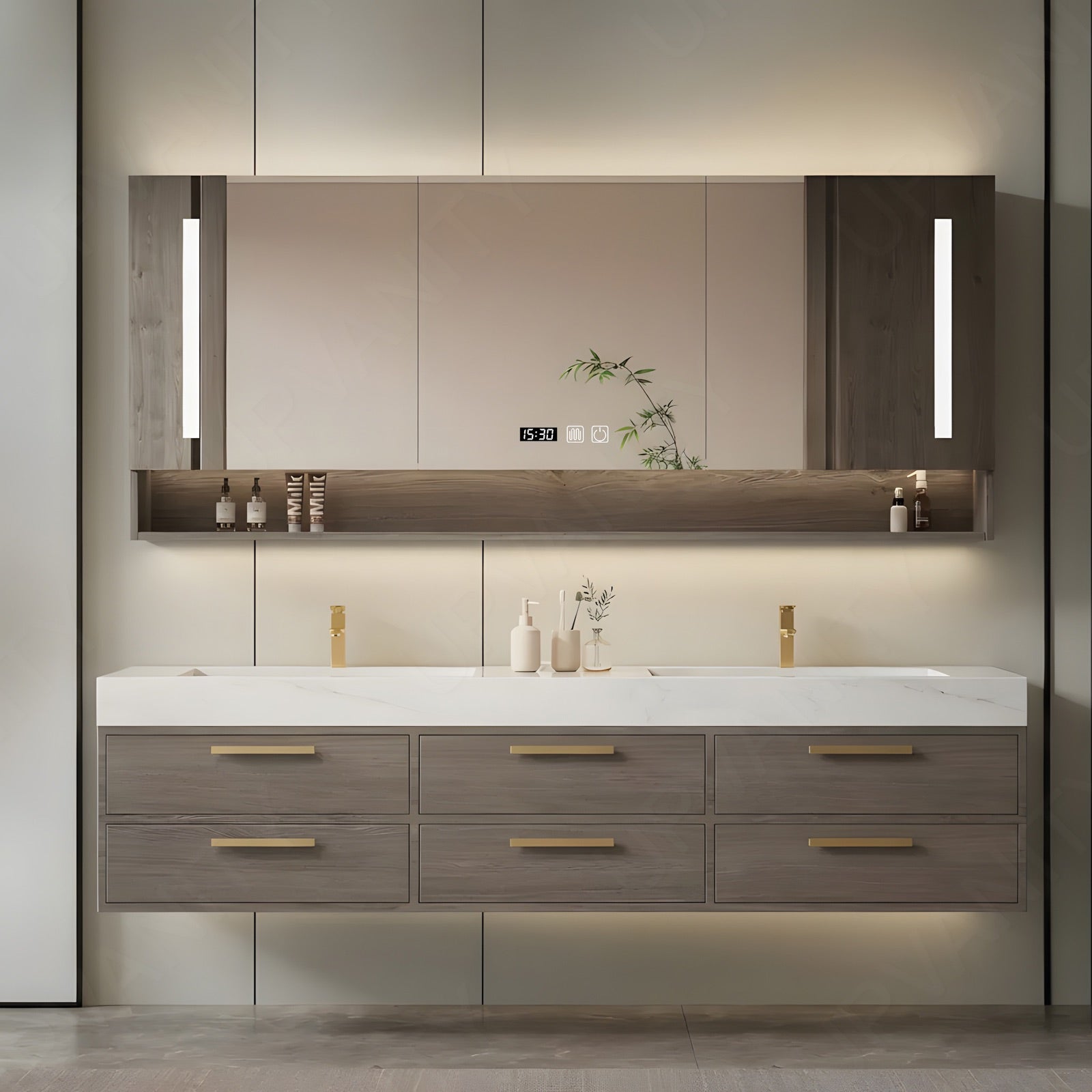 Modern Bath Vanity Set, Brown, Gold Accents, 40