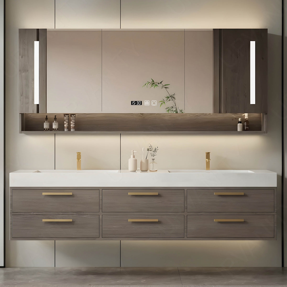 Modern Bath Vanity Set, Gray, White Slate Top, 56"-78", Double, Floating, Gold Accents, Smart LED Mirror, Rear Cabinet