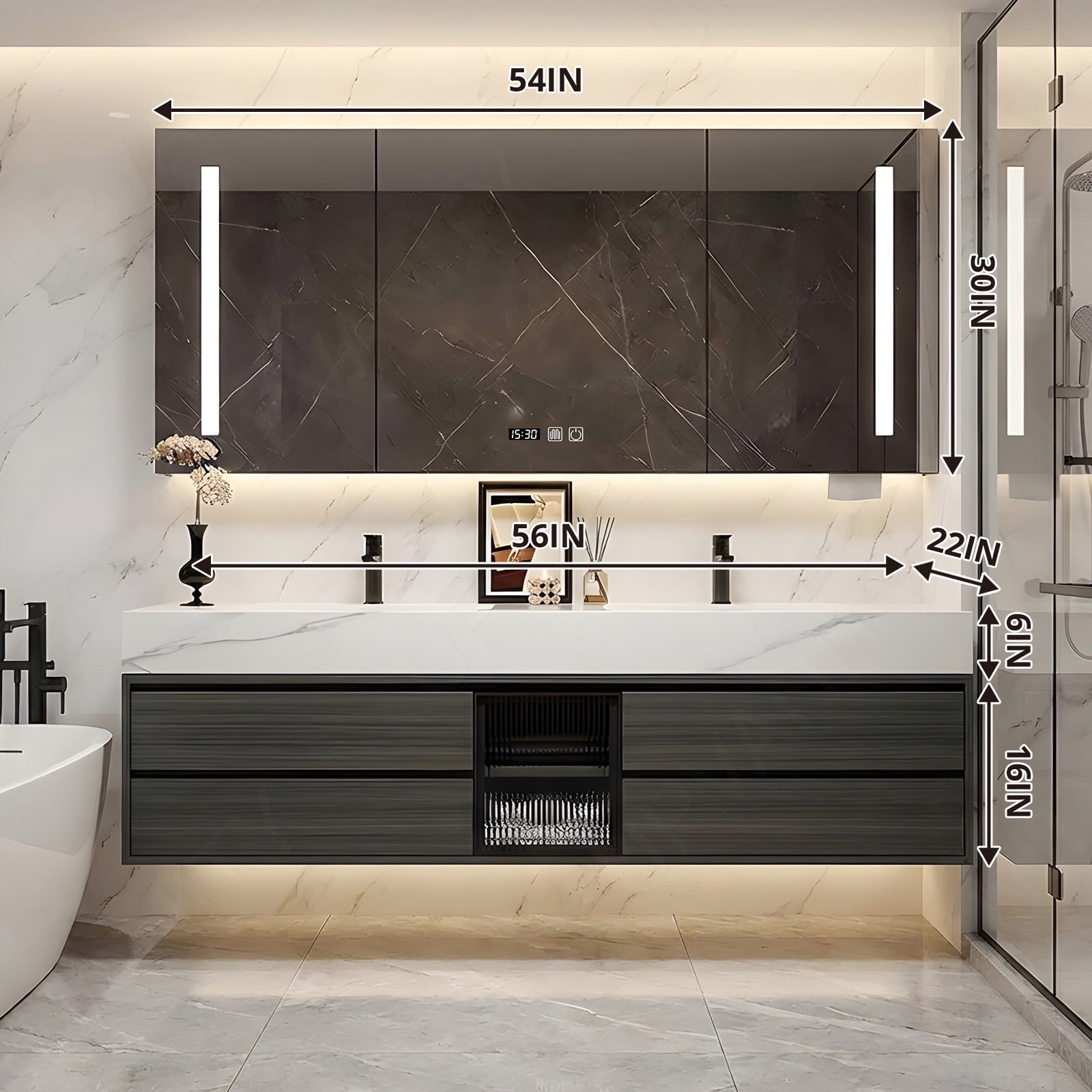 Modern Bath Vanity Set, Gray, White Slate Top, 56"-78", Double, Floating, Open Storage, Glass Door, Smart LED Mirror, Rear Cabinet