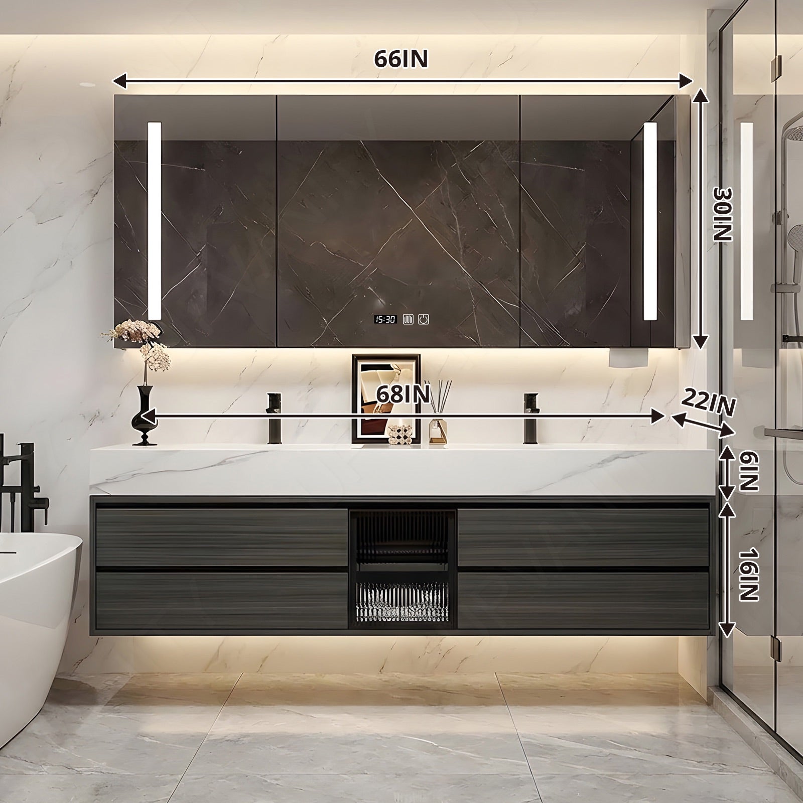 Modern Bath Vanity Set, Gray, White Slate Top, 56"-78", Double, Floating, Open Storage, Glass Door, Smart LED Mirror, Rear Cabinet
