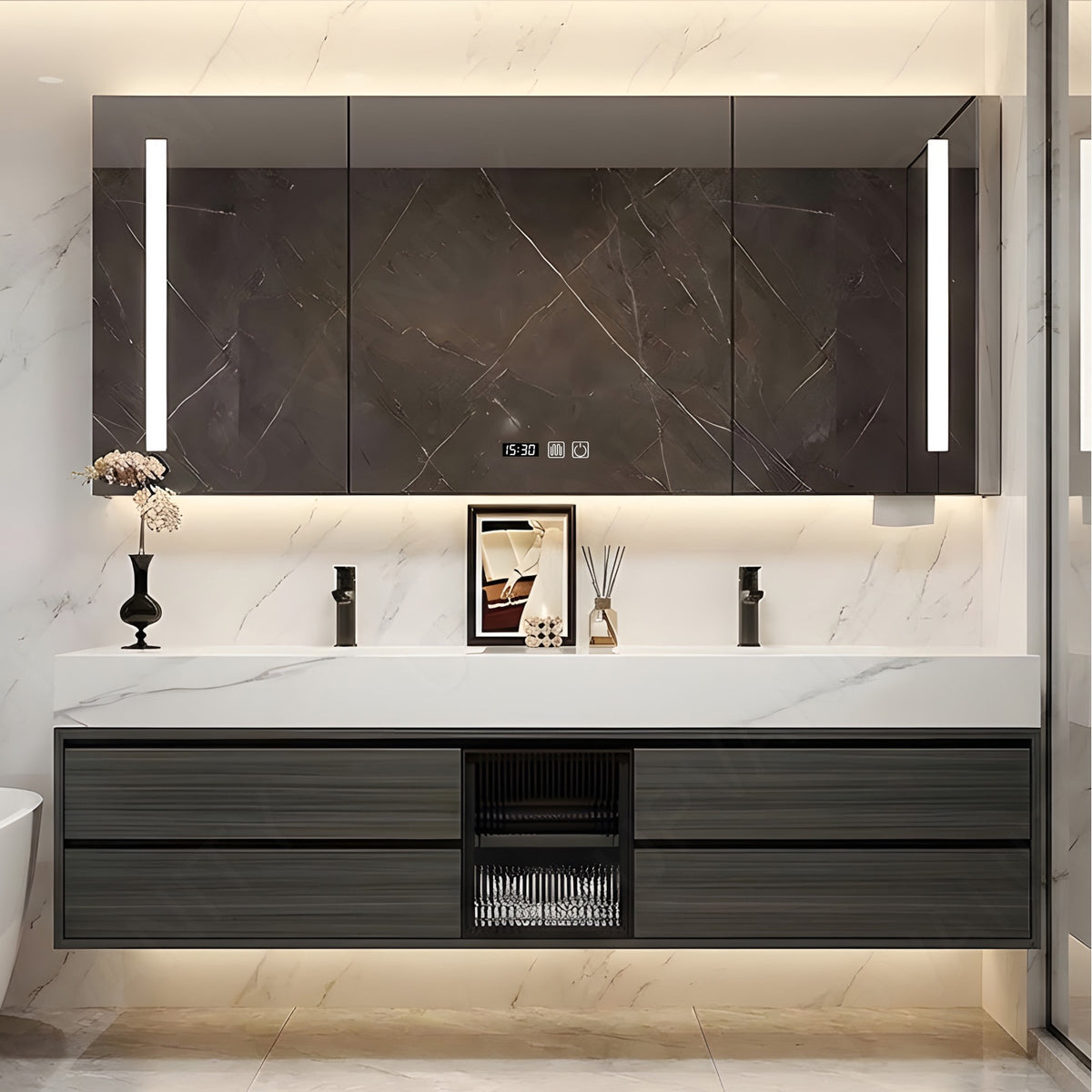 Modern Bath Vanity Set, Gray, White Slate Top, 56"-78", Double, Floating, Open Storage, Glass Door, Smart LED Mirror, Rear Cabinet