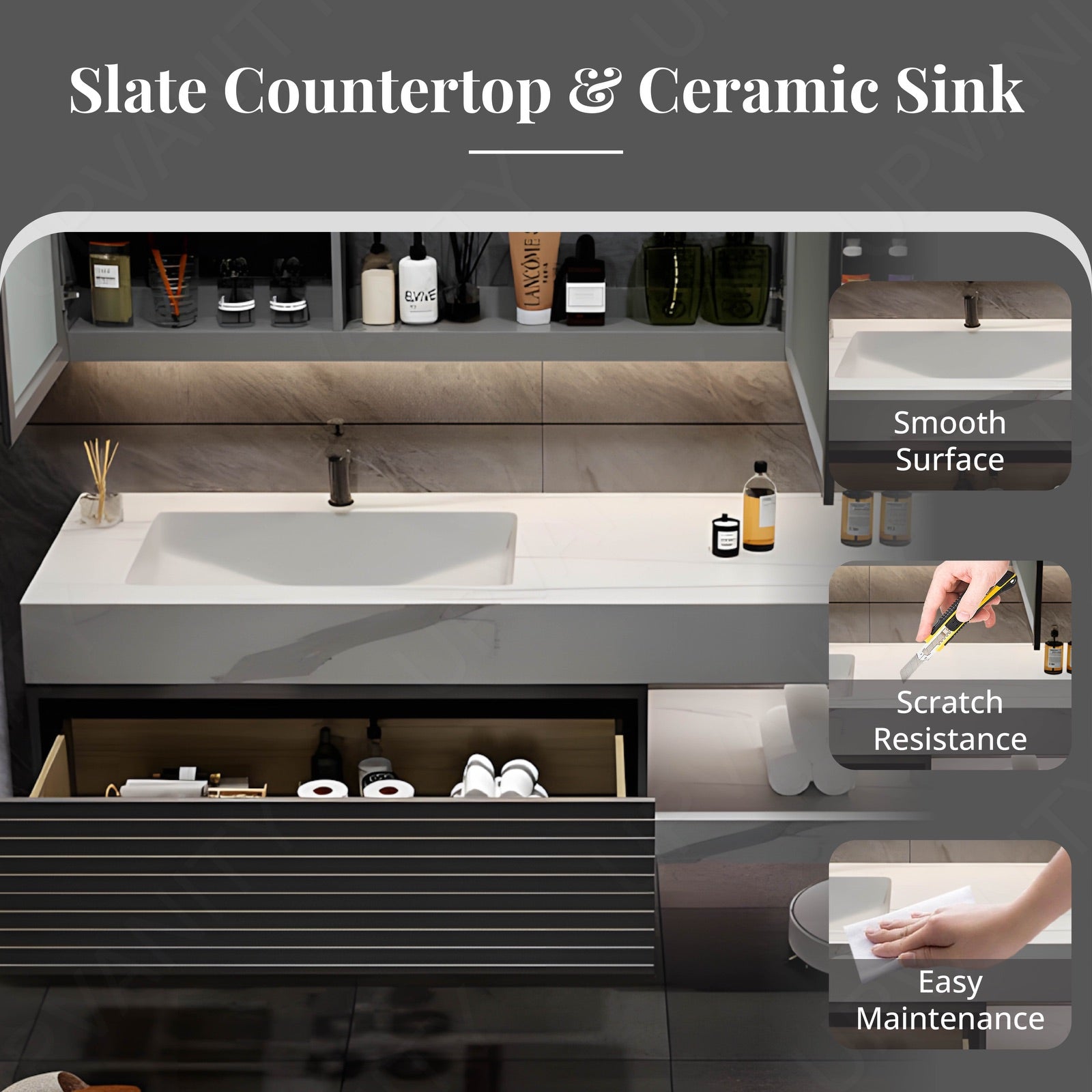 Modern Bath Vanity Set, Gray, White Slate Top, Striped Panel, 40"- 72", Single, Floating, Open Storage, Smart LED Mirror, Rear Cabinet
