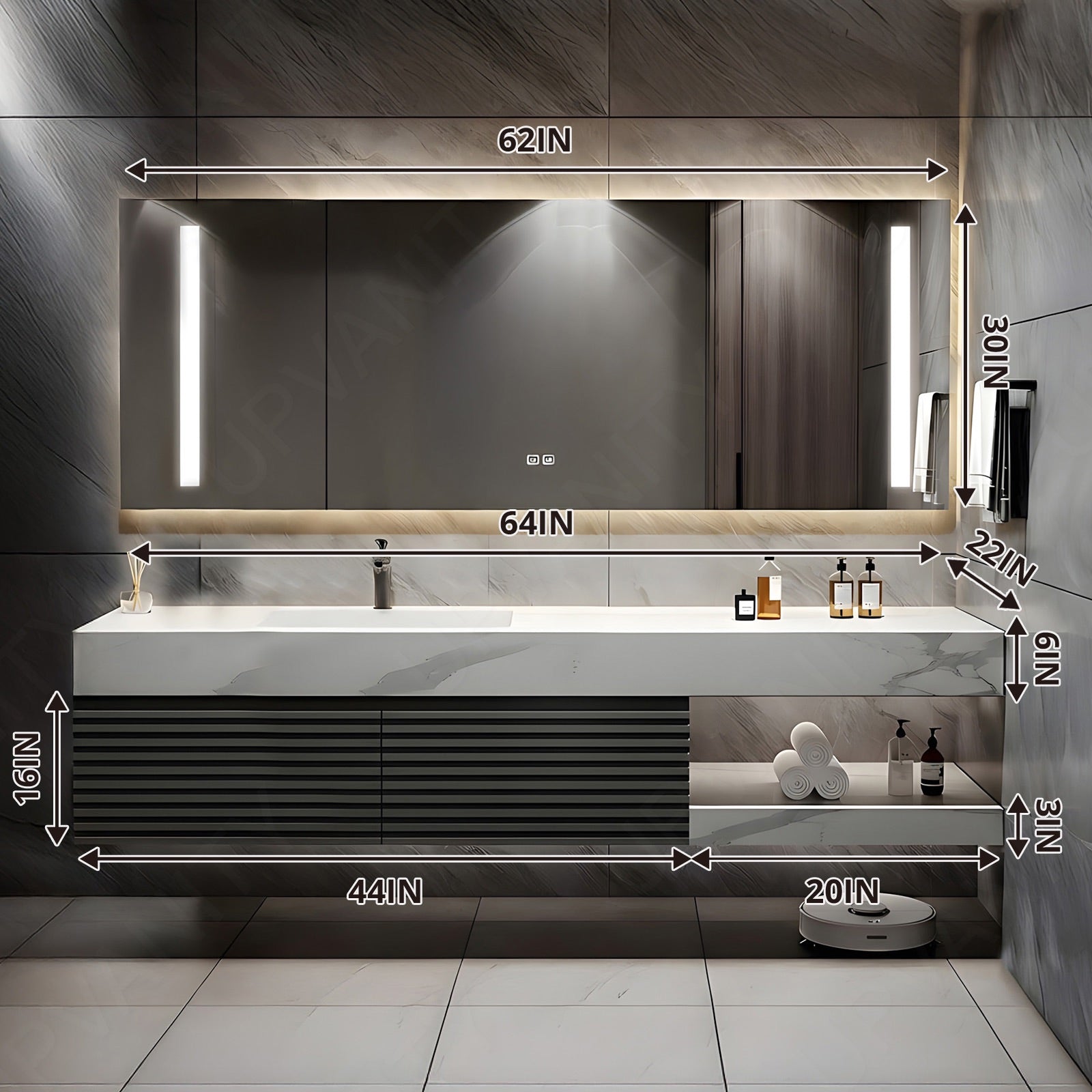 Modern Bath Vanity Set, Gray, White Slate Top, Striped Panel, 40"- 72", Single, Floating, Open Storage, Smart LED Mirror, Rear Cabinet