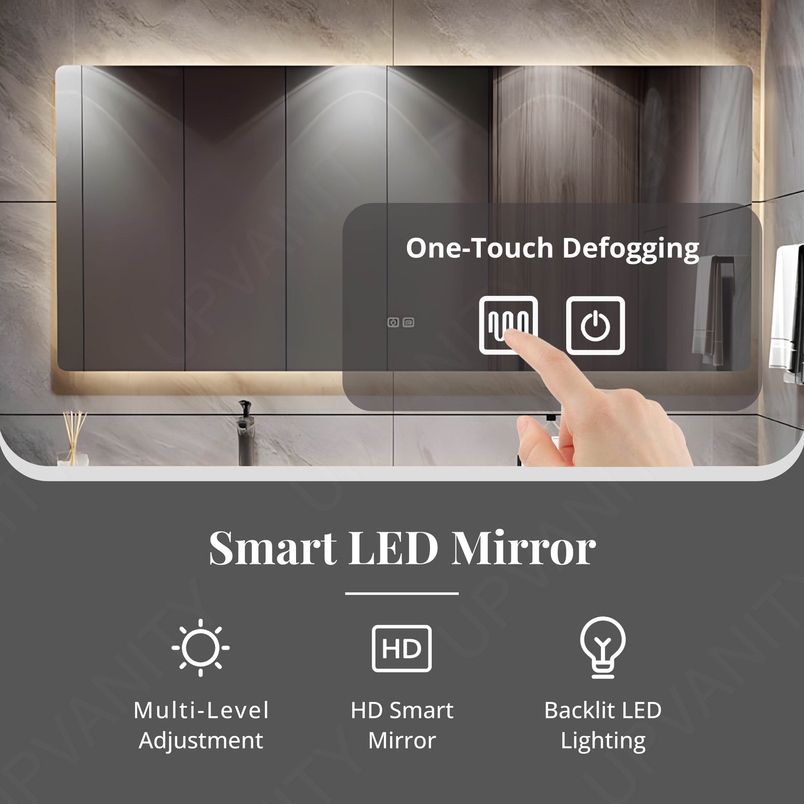 Modern Bath Vanity Set, Gray, White Slate Top, Striped Panel, 40"- 72", Single, Floating, Open Storage, Smart LED Mirror, Rear Cabinet