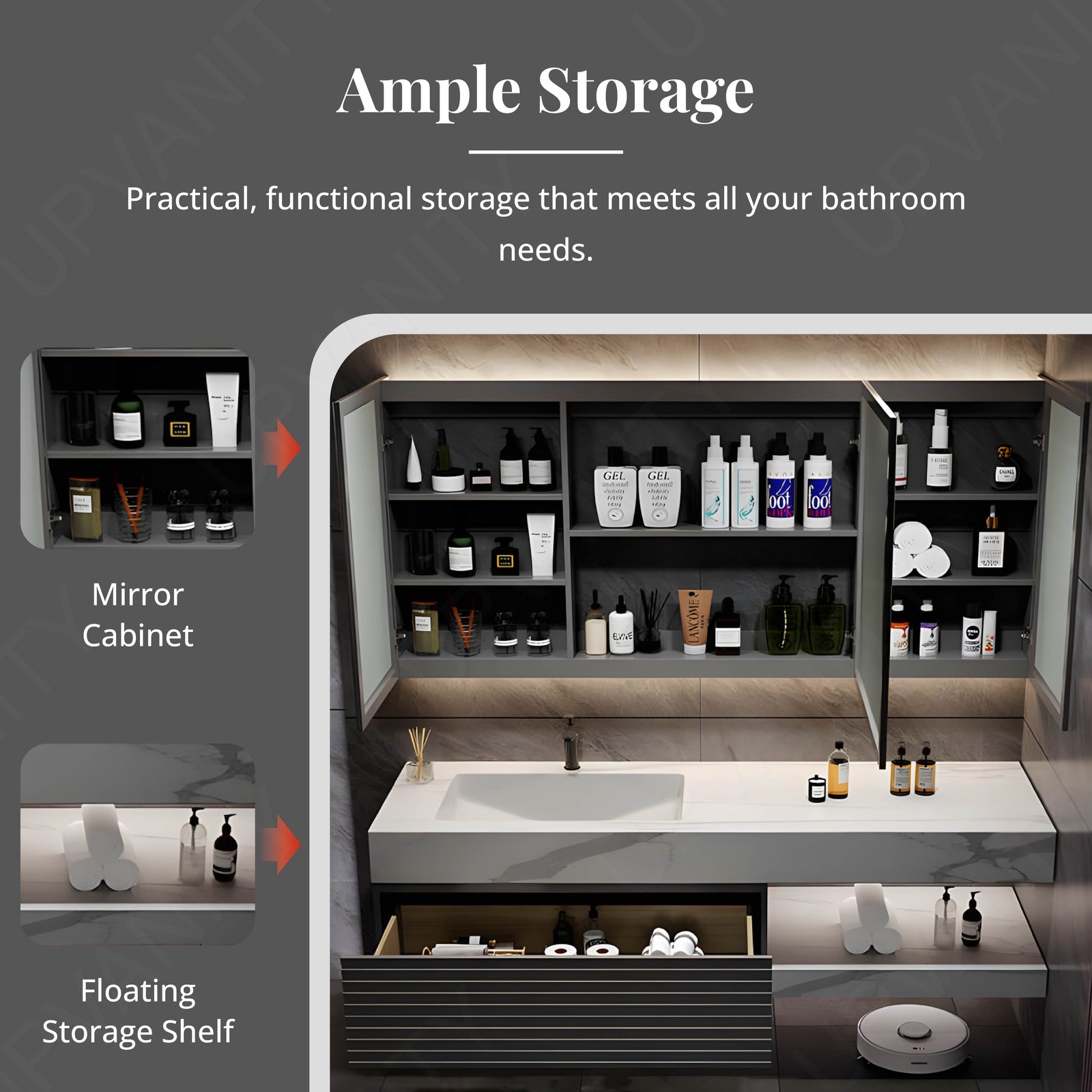 Modern Bath Vanity Set, Gray, White Slate Top, Striped Panel, 40"- 72", Single, Floating, Open Storage, Smart LED Mirror, Rear Cabinet