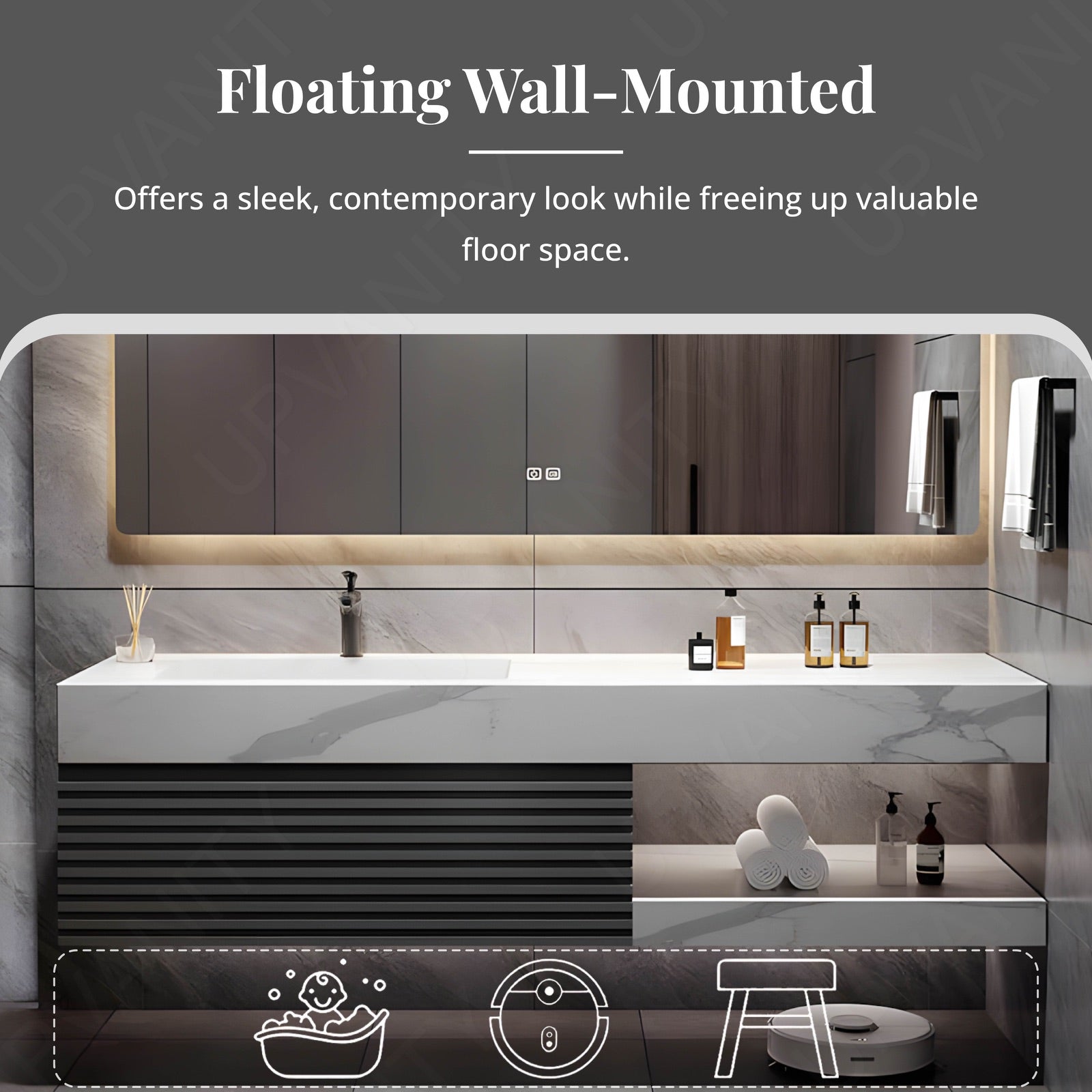 Modern Bath Vanity Set, Gray, White Slate Top, Striped Panel, 40"- 72", Single, Floating, Open Storage, Smart LED Mirror, Rear Cabinet