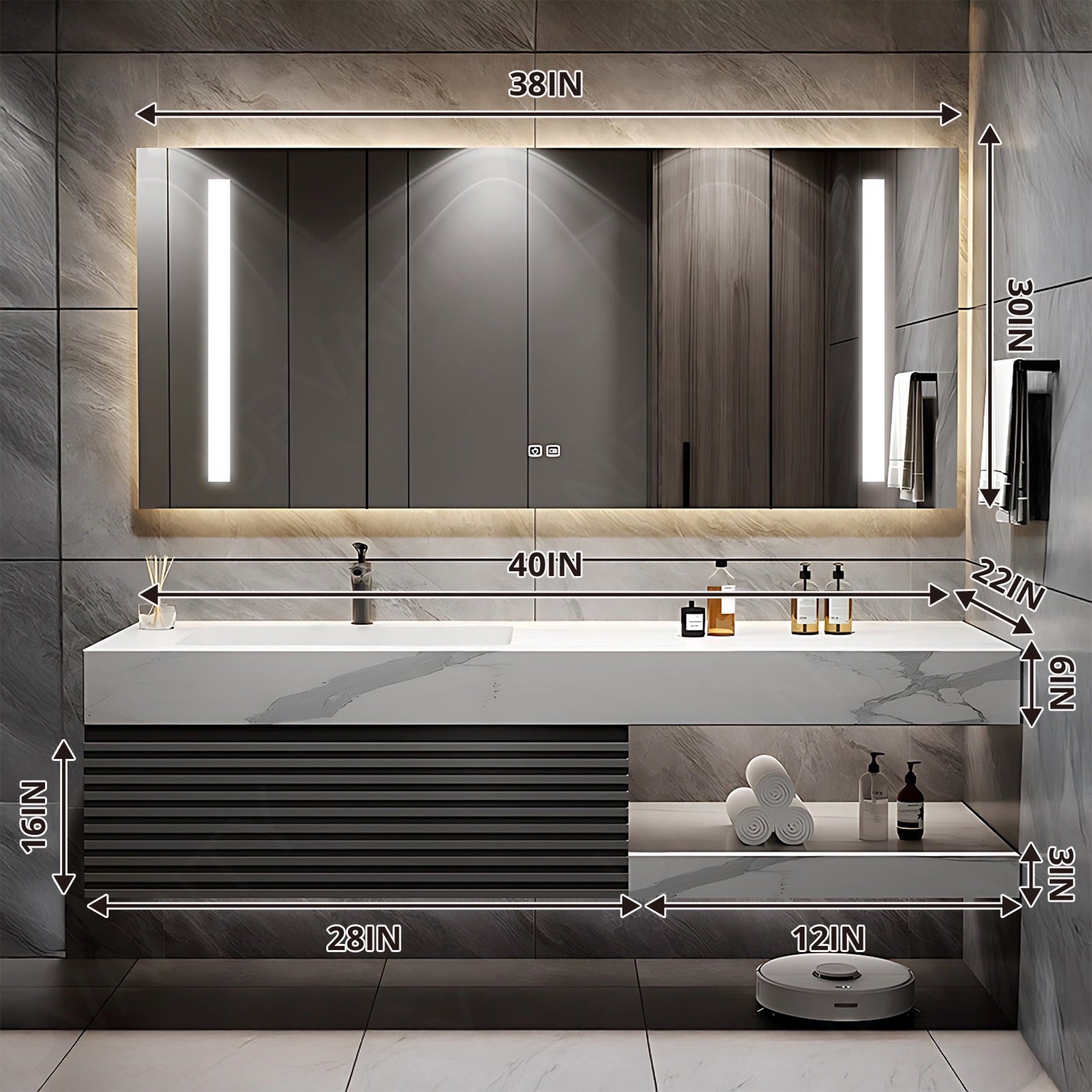 Modern Bath Vanity Set, Gray, White Slate Top, Striped Panel, 40"- 72", Single, Floating, Open Storage, Smart LED Mirror, Rear Cabinet