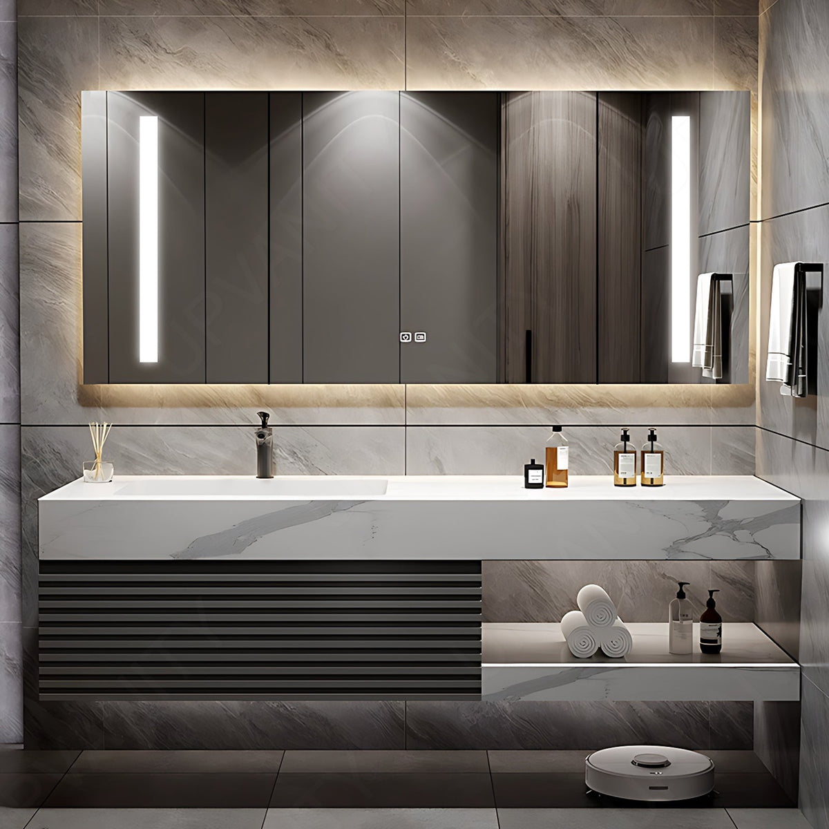 Modern Bath Vanity Set, Gray, White Slate Top, Striped Panel, 40"- 72", Single, Floating, Open Storage, Smart LED Mirror, Rear Cabinet