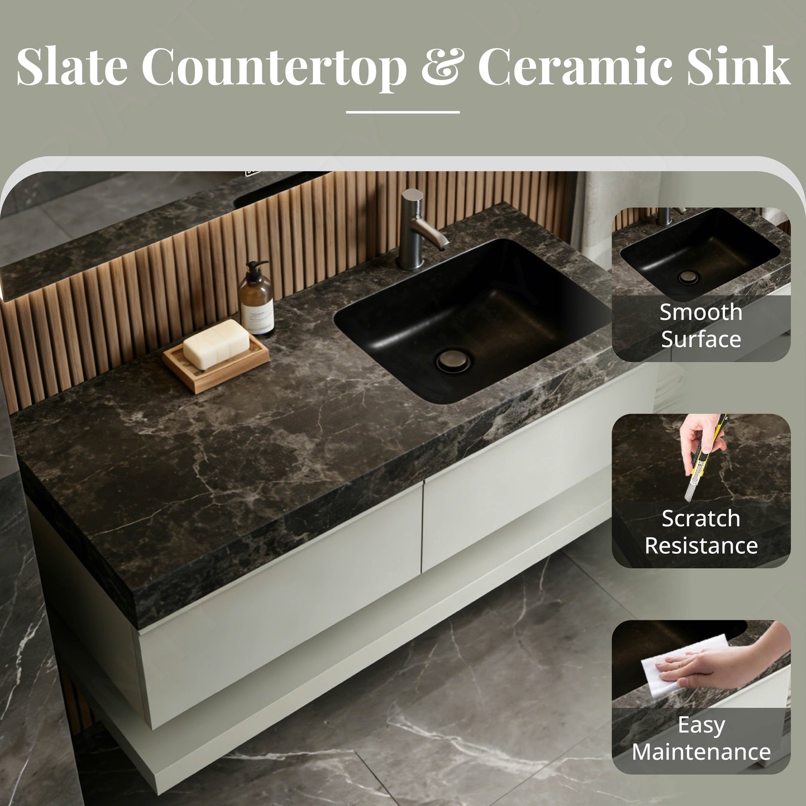 Modern Bath Vanity Set, Green, Black Marble Textured Top, 56"-78", Single, Floating, Smart LED Mirror, Side Cabinet