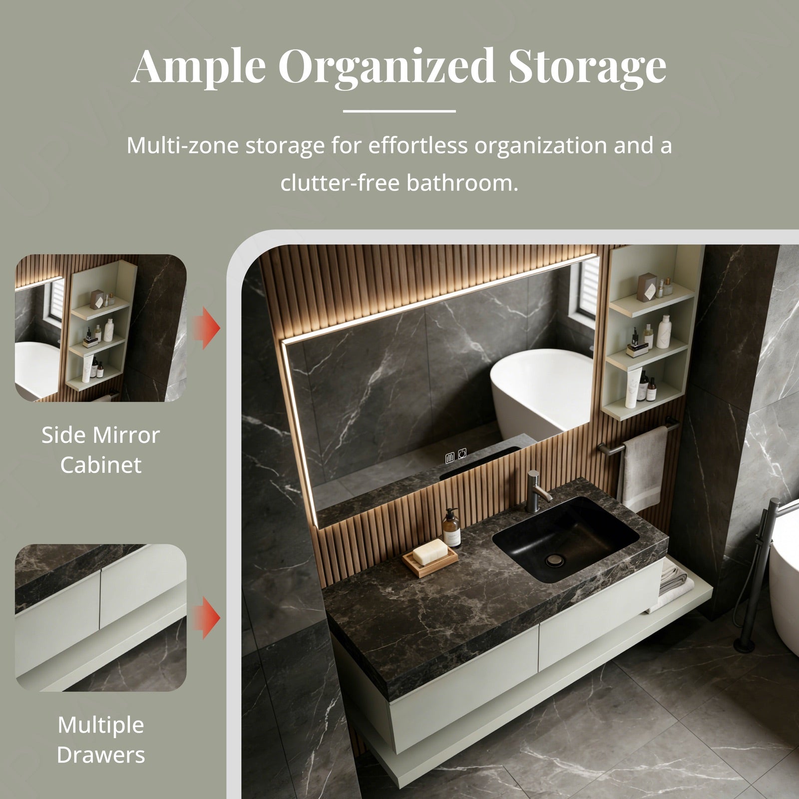 Modern Bath Vanity Set, Green, Black Marble Textured Top, 56"-78", Single, Floating, Smart LED Mirror, Side Cabinet