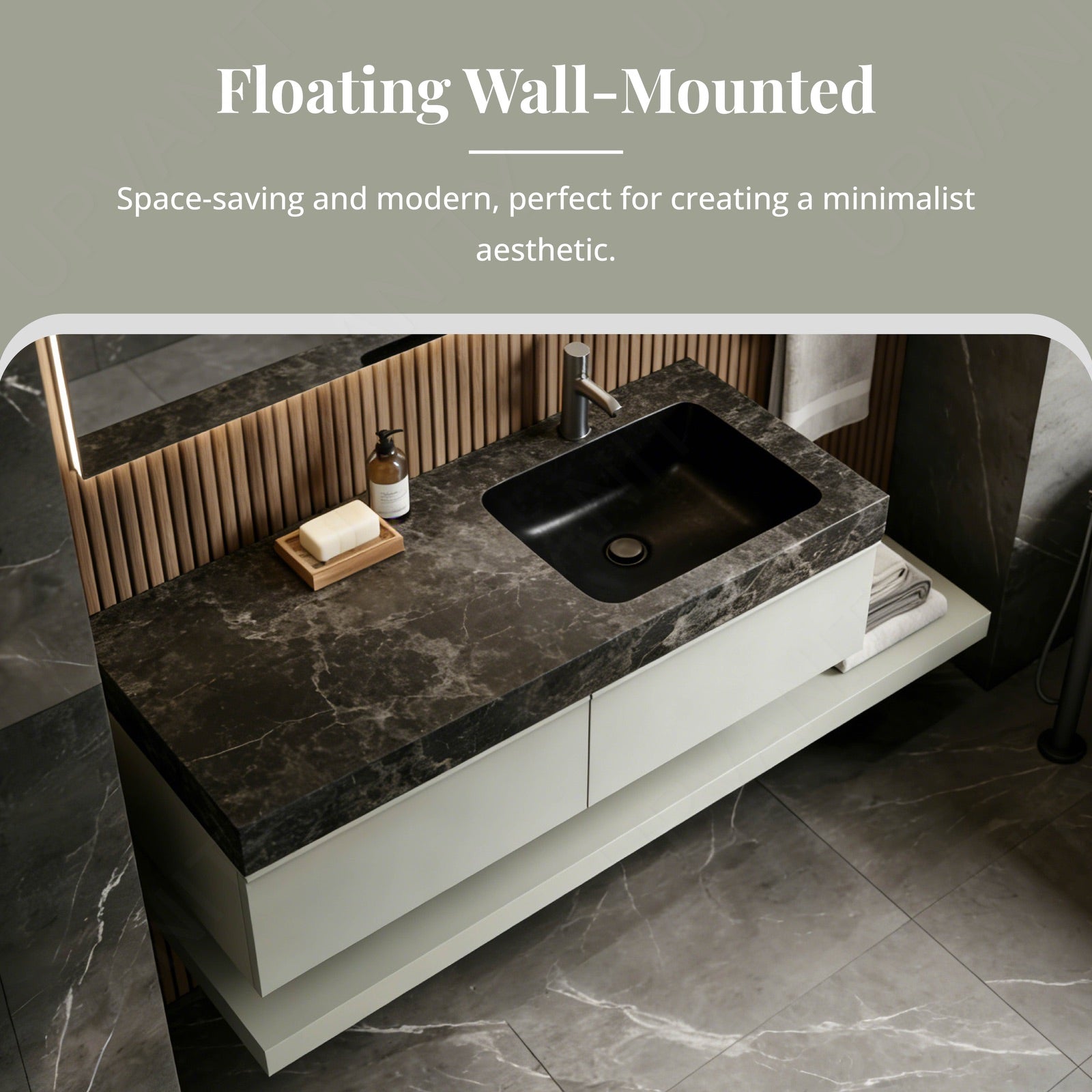 Modern Bath Vanity Set, Green, Black Marble Textured Top, 56"-78", Single, Floating, Smart LED Mirror, Side Cabinet