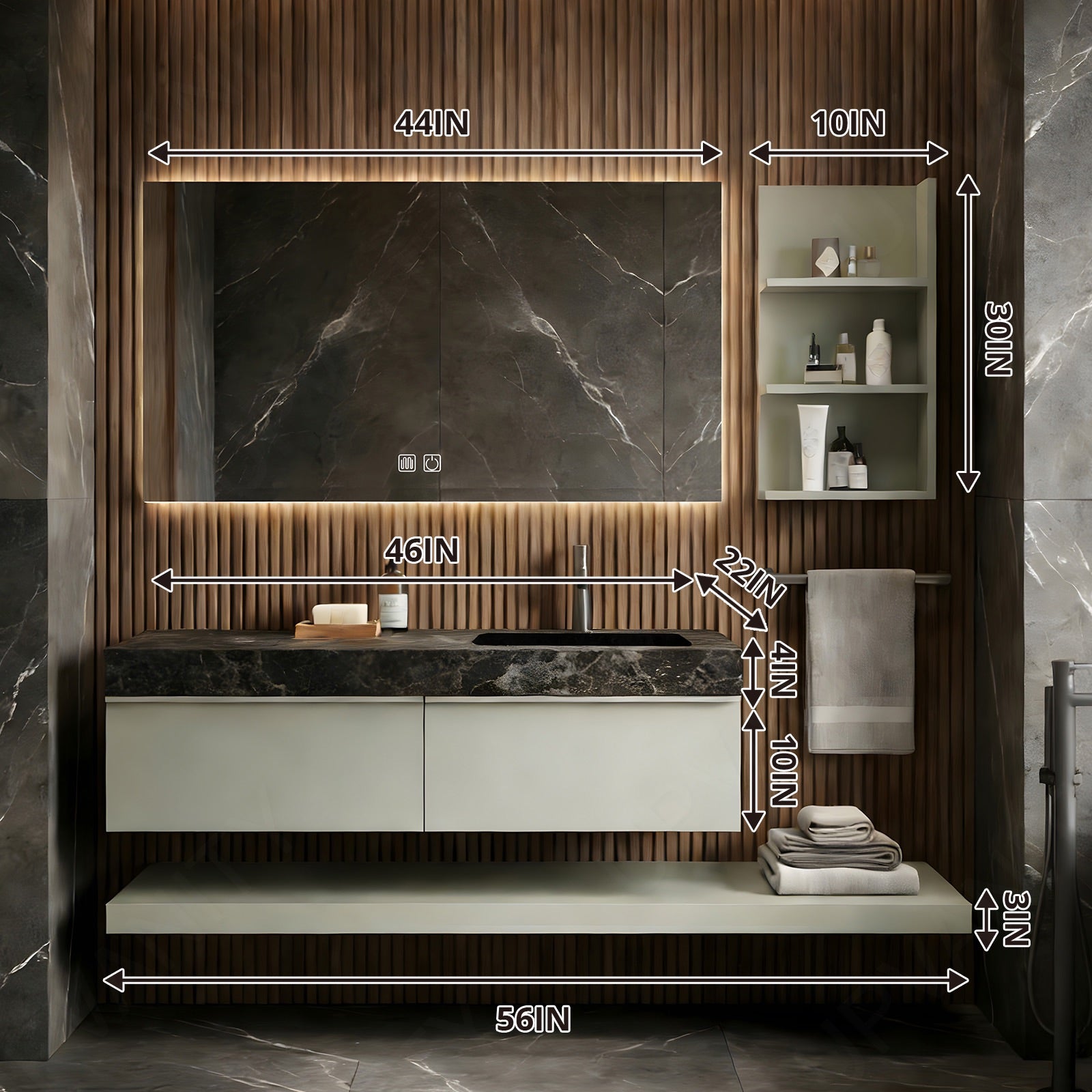 Modern Bath Vanity Set, Green, Black Marble Textured Top, 56"-78", Single, Floating, Smart LED Mirror, Side Cabinet