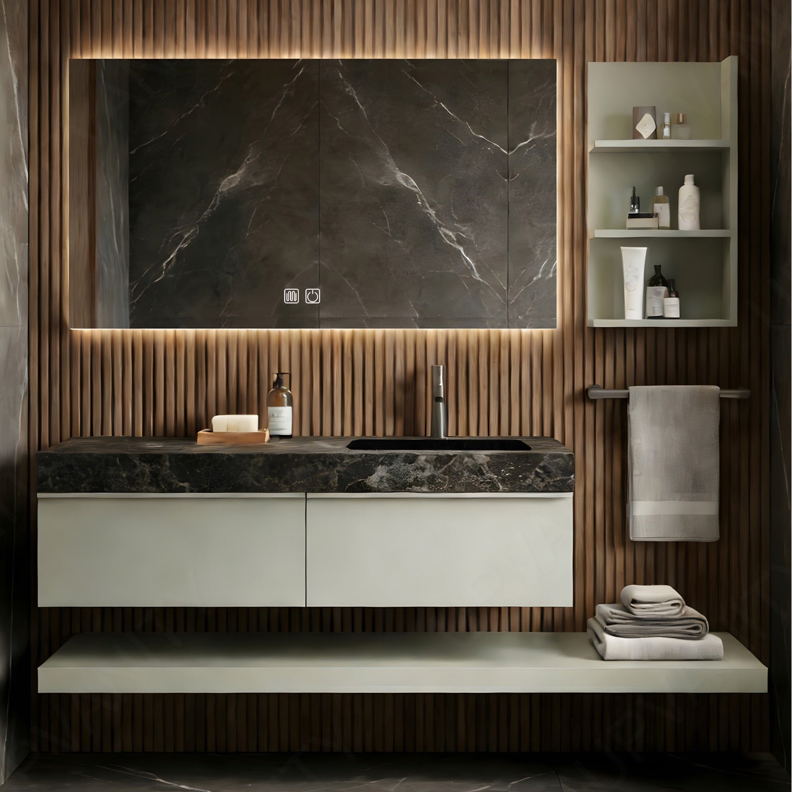Modern Bath Vanity Set, Green, Black Marble Textured Top, 56"-78", Single, Floating, Smart LED Mirror, Side Cabinet