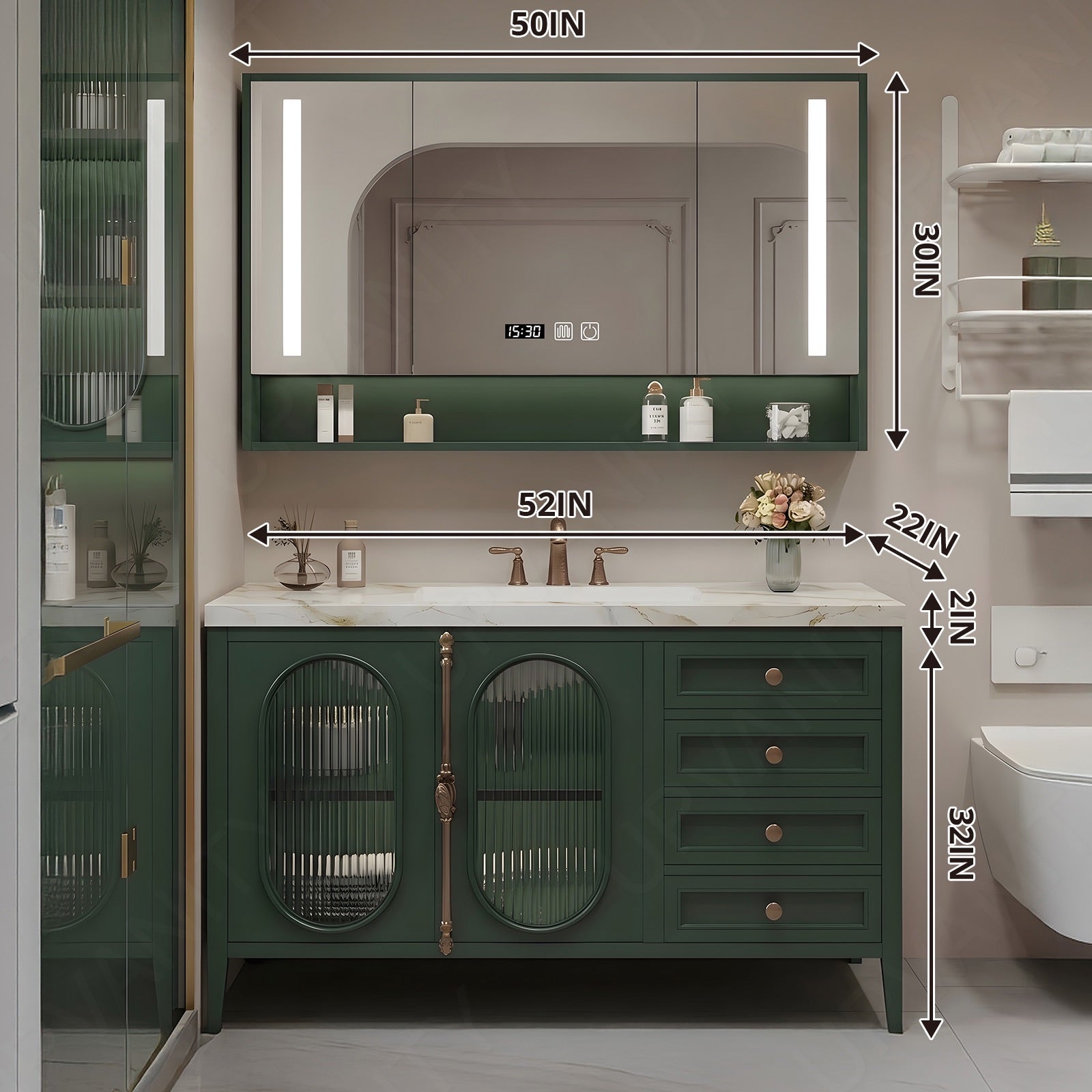 Modern Bath Vanity Set, Green, Gold Accents, 36"- 78", Double/Single, Freestanding, Glass Door, Smart LED Mirror, Rear Cabinet