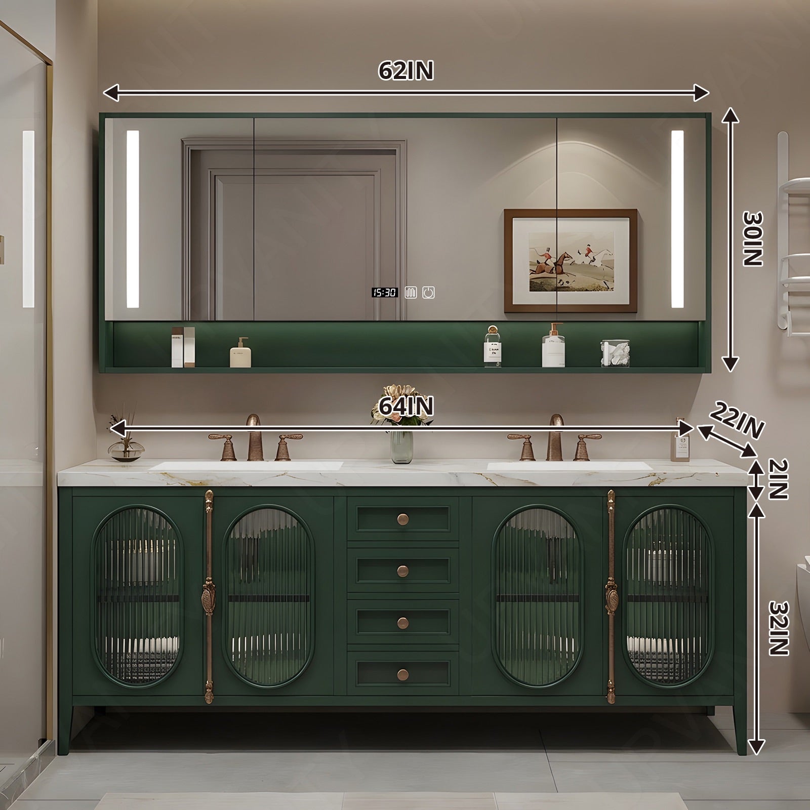 Modern Bath Vanity Set, Green, Gold Accents, 36"- 78", Double/Single, Freestanding, Glass Door, Smart LED Mirror, Rear Cabinet