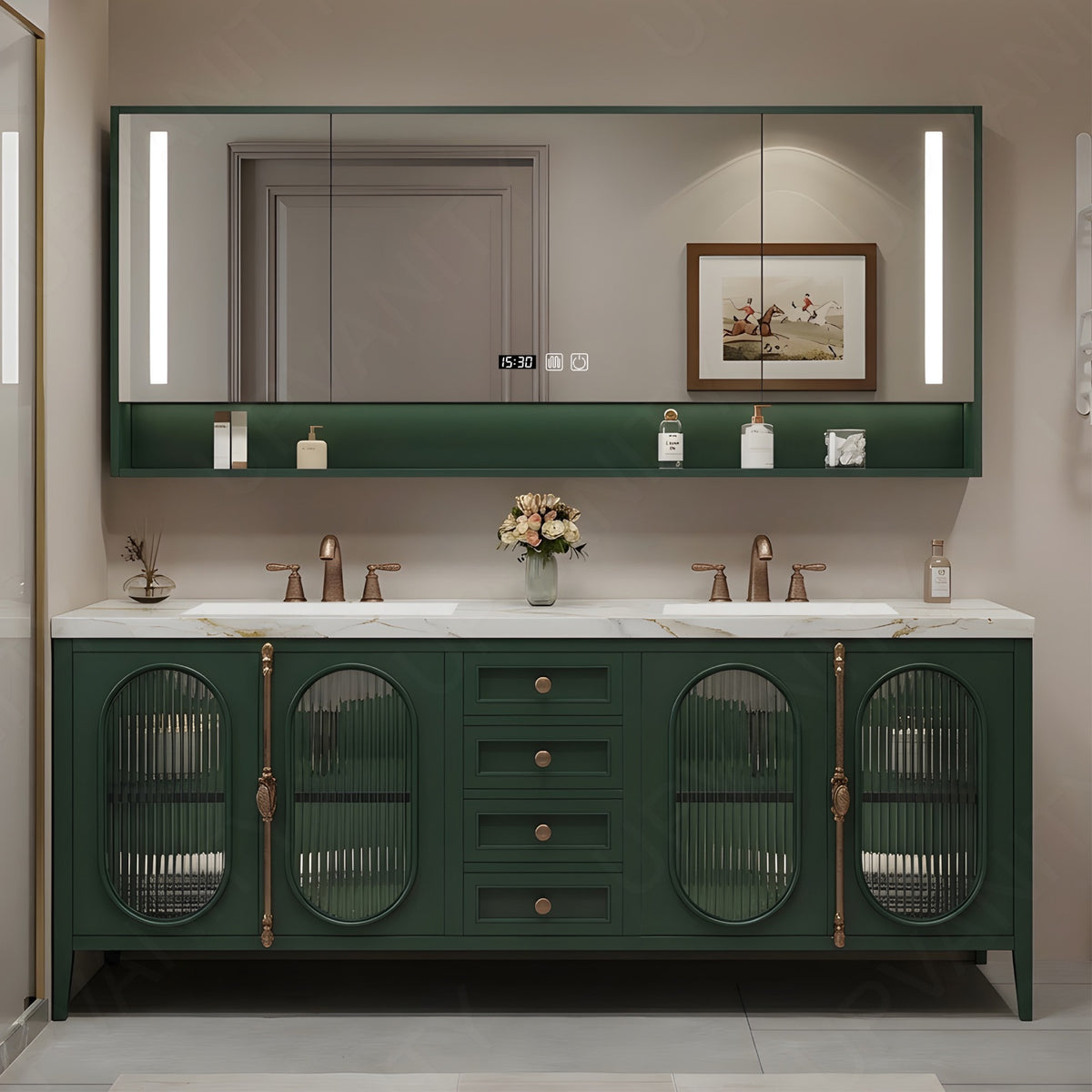 Modern Bath Vanity Set, Green, Gold Accents, 36"- 78", Double/Single, Freestanding, Glass Door, Smart LED Mirror, Rear Cabinet
