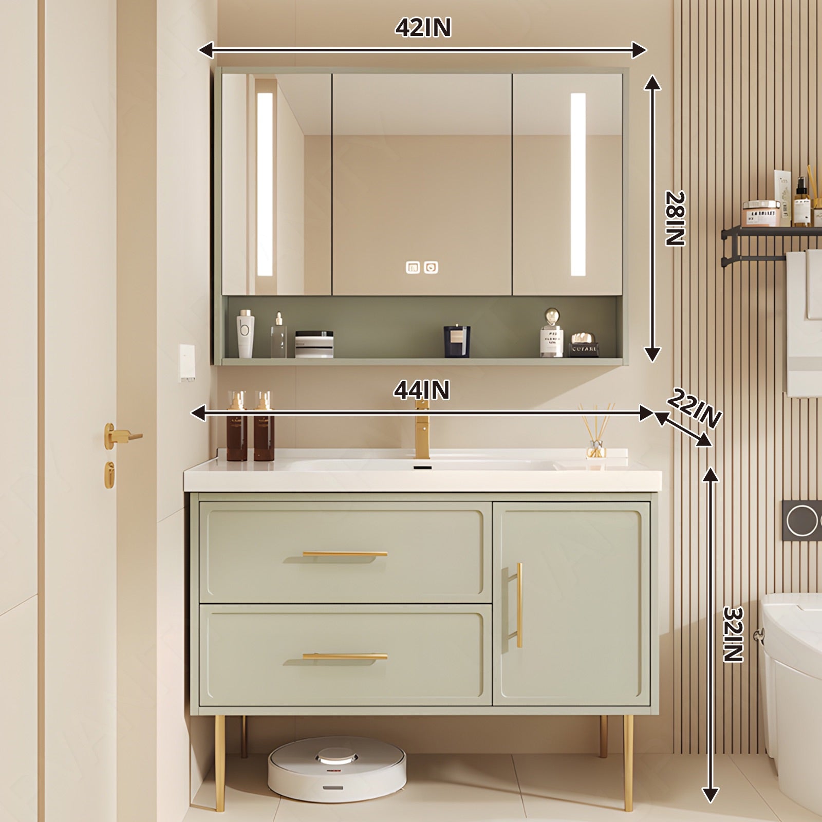 Modern Bath Vanity Set, Green, Gold Accents, 40"-64", Single, Freestanding, Smart LED Mirror, Rear Cabinet