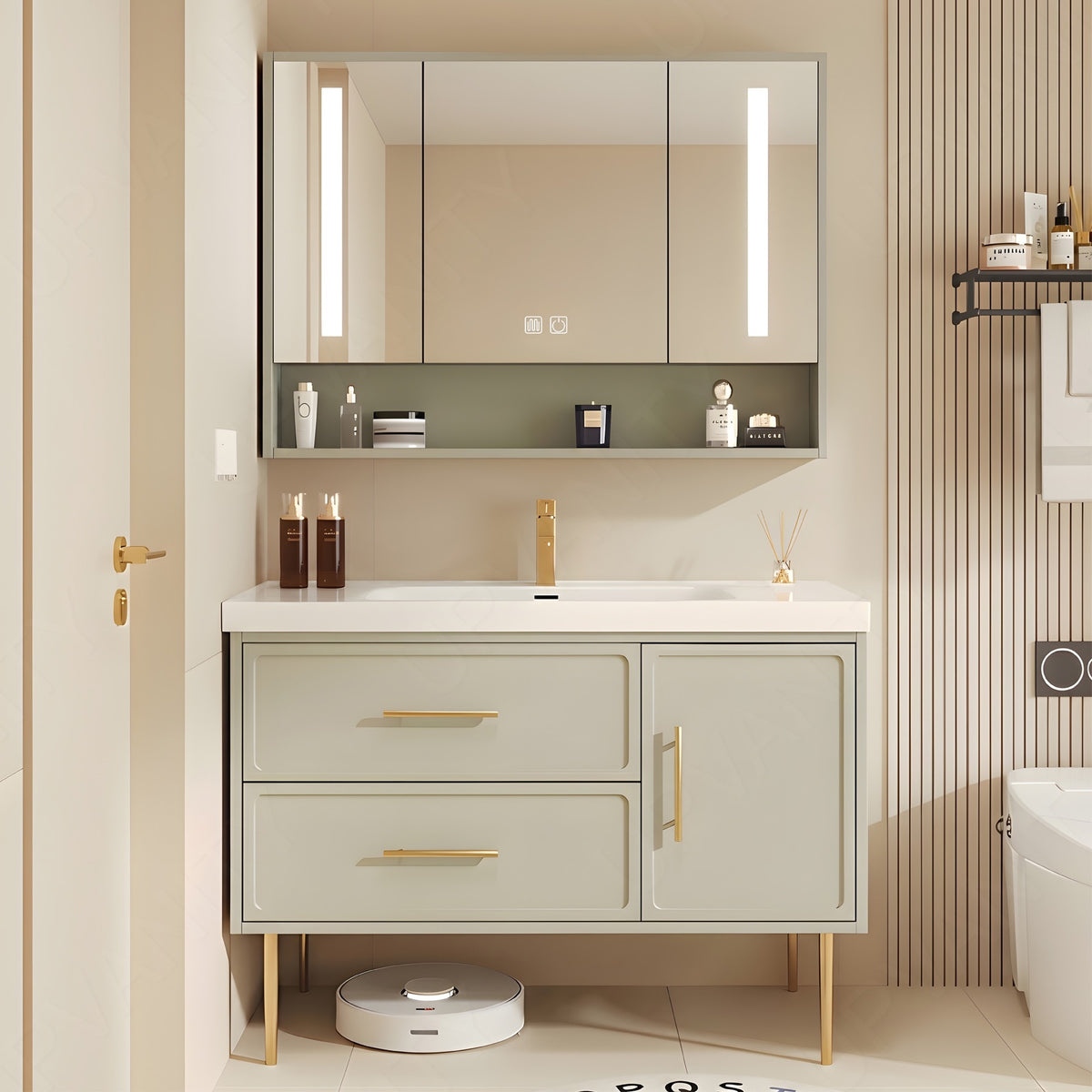 Modern Bath Vanity Set, Green, Gold Accents, 40"-64", Single, Freestanding, Smart LED Mirror, Rear Cabinet