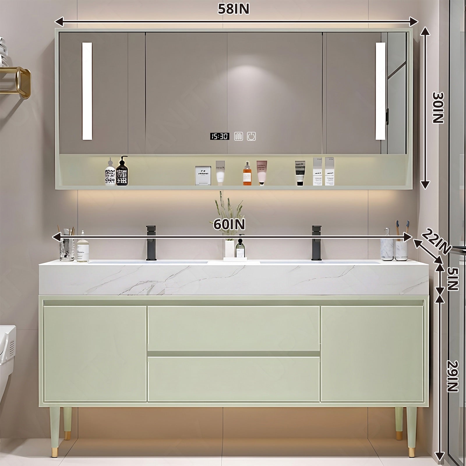 Modern Bath Vanity Set, Green, Marble Textured Top, 48"-64", Single, Freestanding, Smart LED Mirror, Rear Cabinet