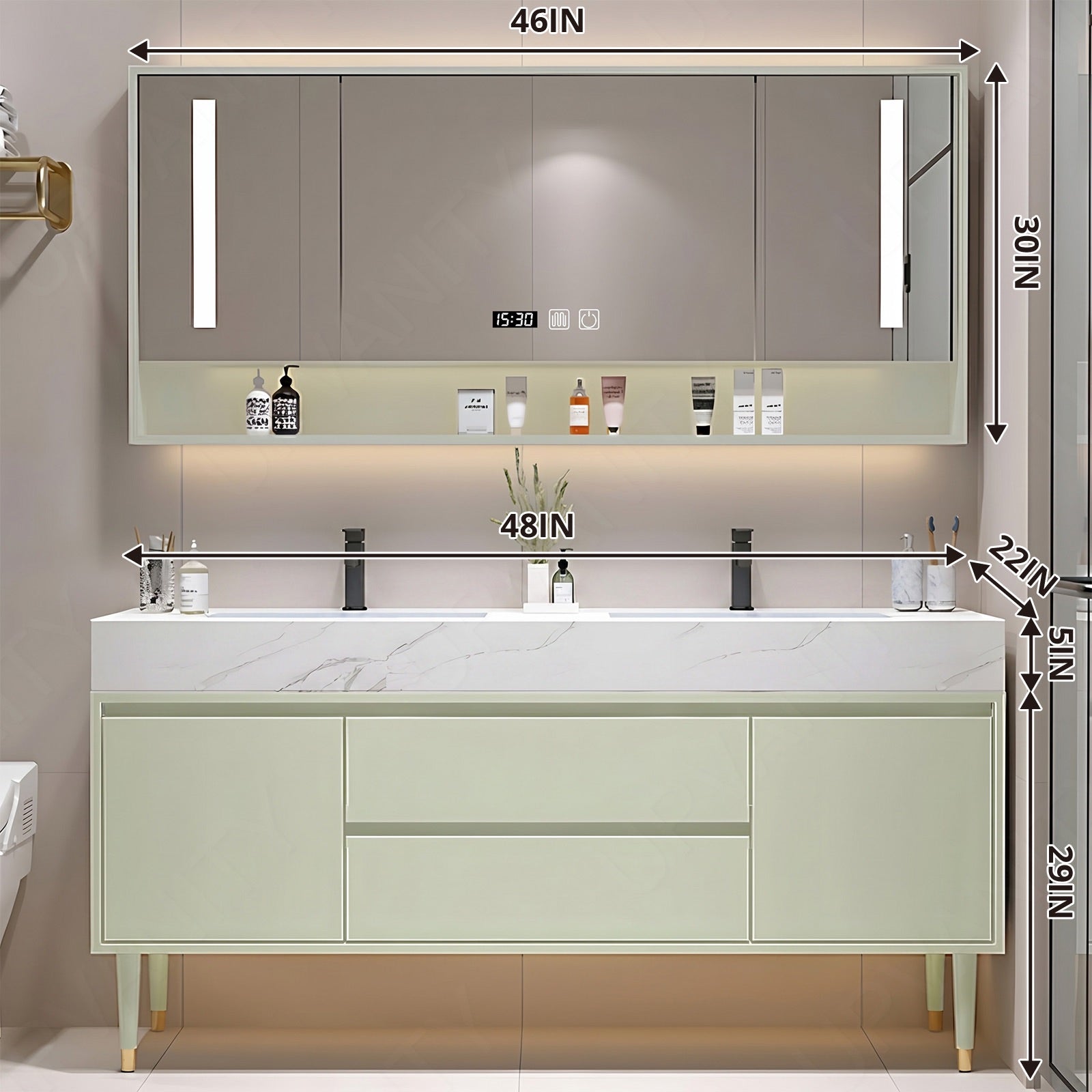 Modern Bath Vanity Set, Green, Marble Textured Top, 48"-64", Single, Freestanding, Smart LED Mirror, Rear Cabinet