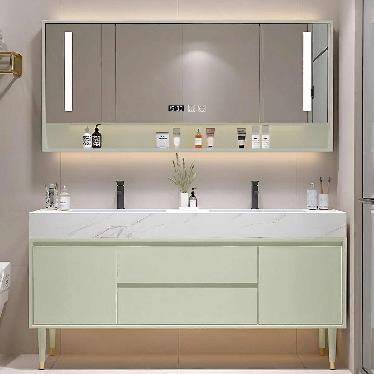 Modern Bath Vanity Set, Green, Marble Textured Top, 48"-64", Single, Freestanding, Smart LED Mirror, Rear Cabinet