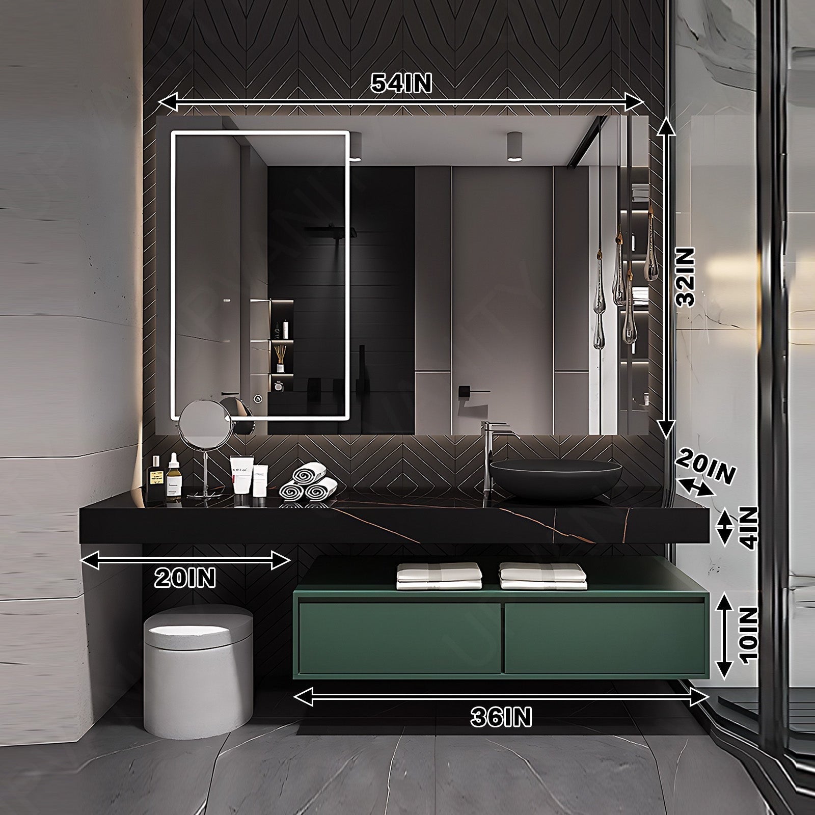 Modern Bath Vanity Set, Green, Split Black Marble Textured Top, Open Storage, 52"- 78", Single Vessel Sink, Floating, Smart LED Mirror