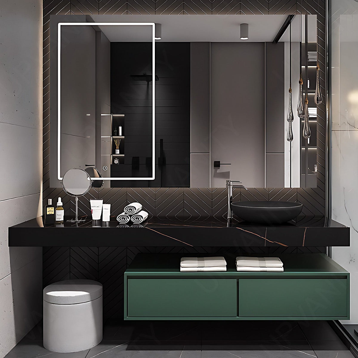 Modern Bath Vanity Set, Green, Split Black Marble Textured Top, Open Storage, 52"- 78", Single Vessel Sink, Floating, Smart LED Mirror