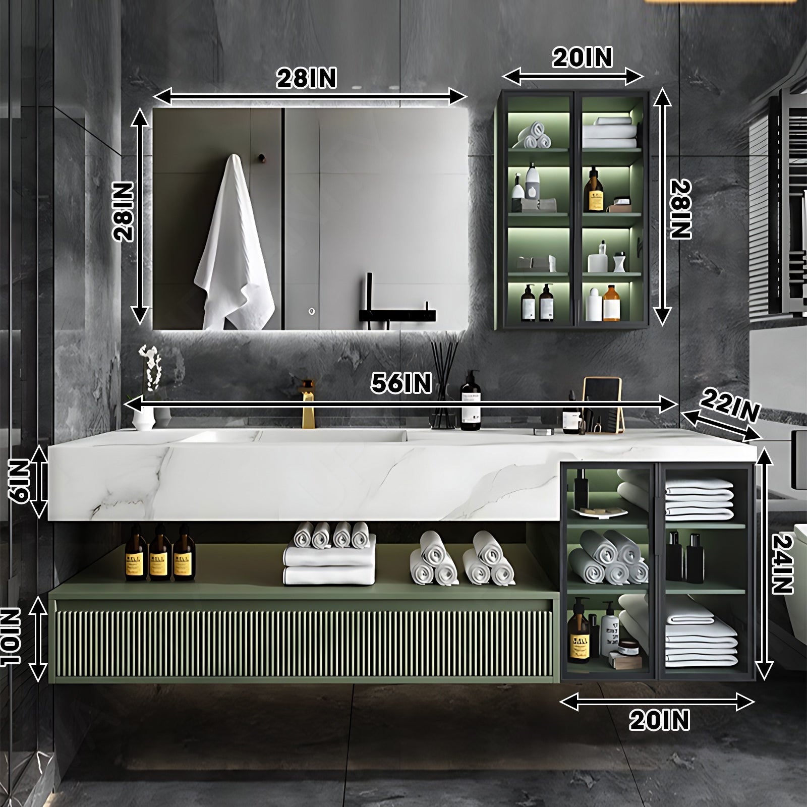 Modern Bath Vanity Set, Green, Split White Top, 36"- 78", Single, Floating, Smart LED Mirror, Side Cabinet