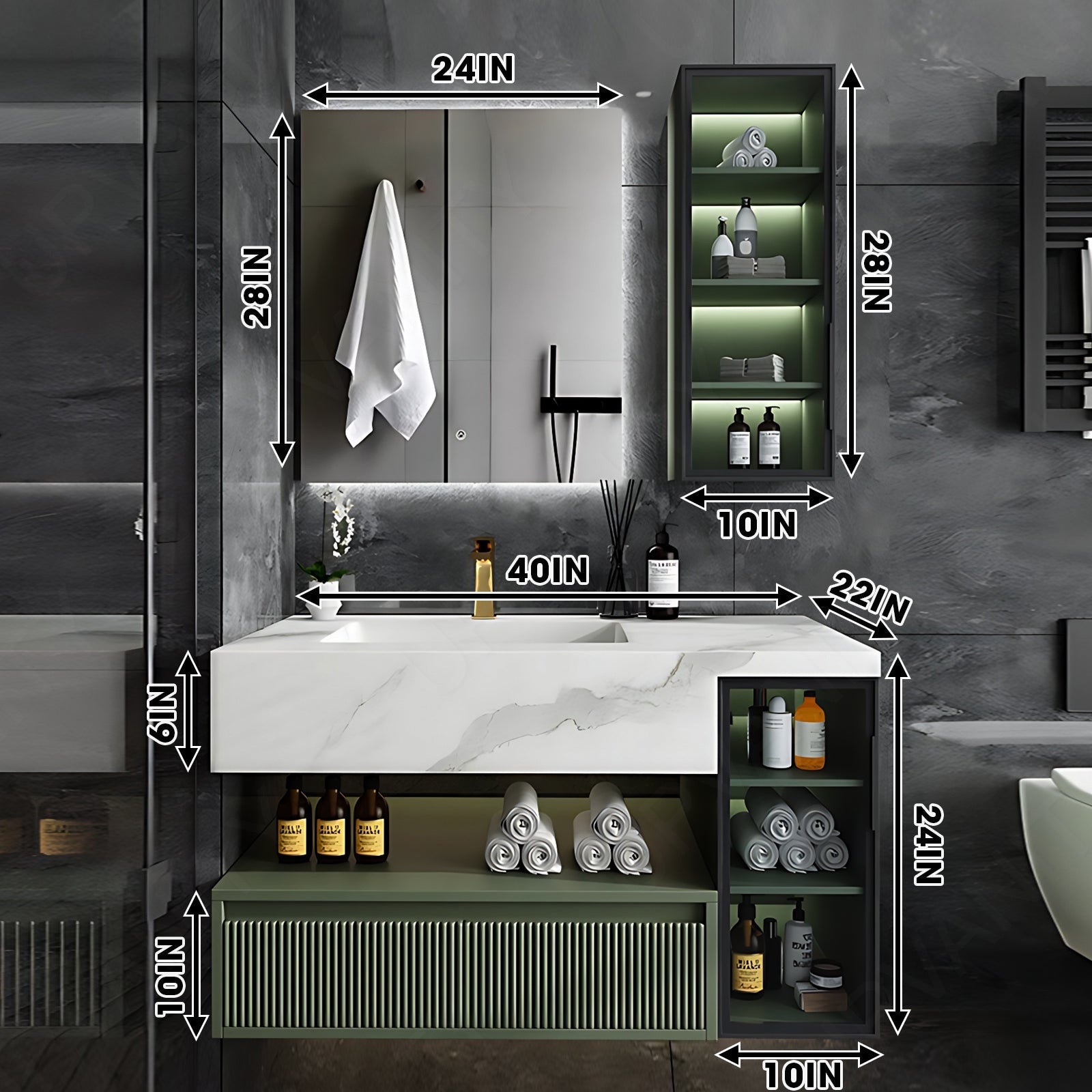 Modern Bath Vanity Set, Green, Split White Top, 36"- 78", Single, Floating, Smart LED Mirror, Side Cabinet