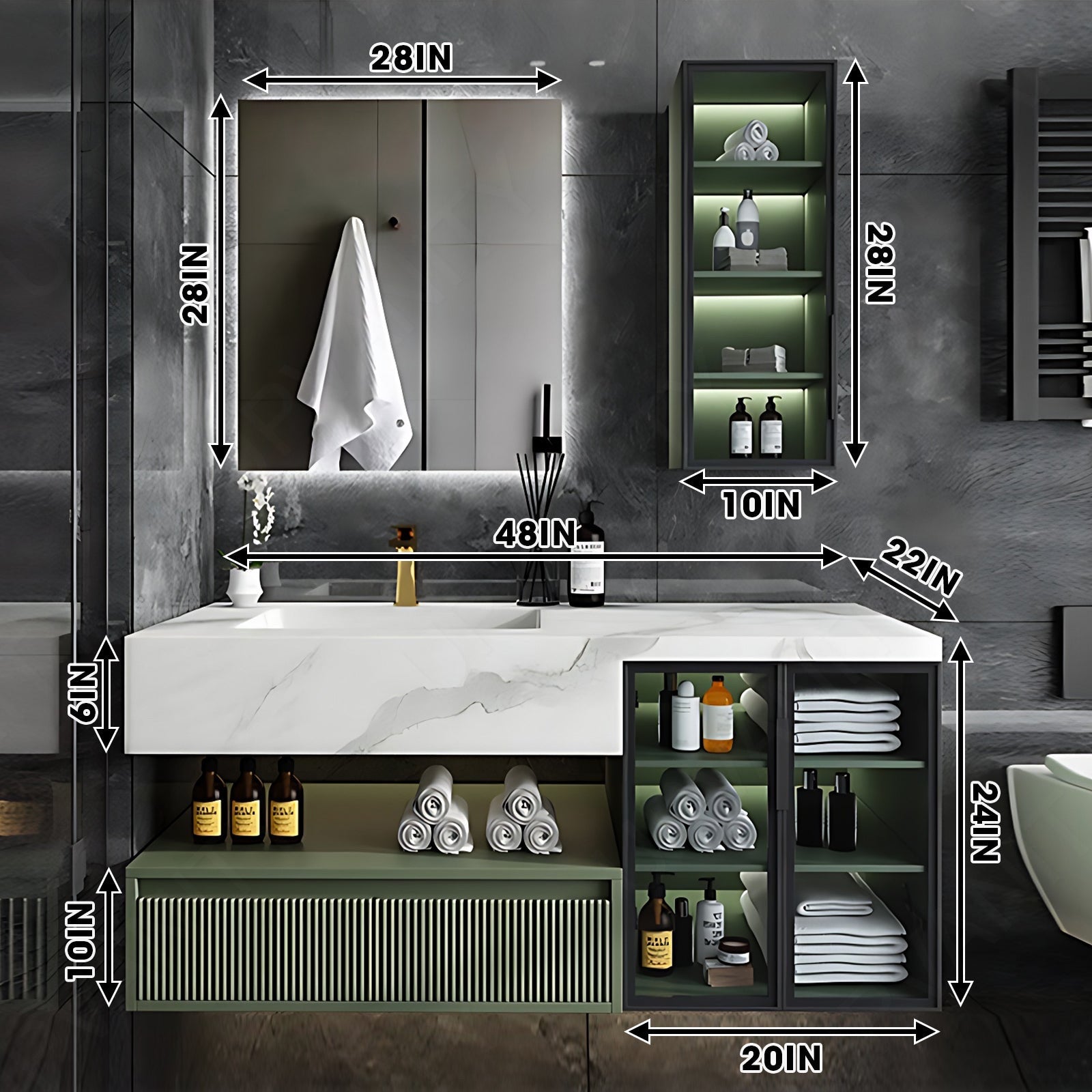 Modern Bath Vanity Set, Green, Split White Top, 36"- 78", Single, Floating, Smart LED Mirror, Side Cabinet