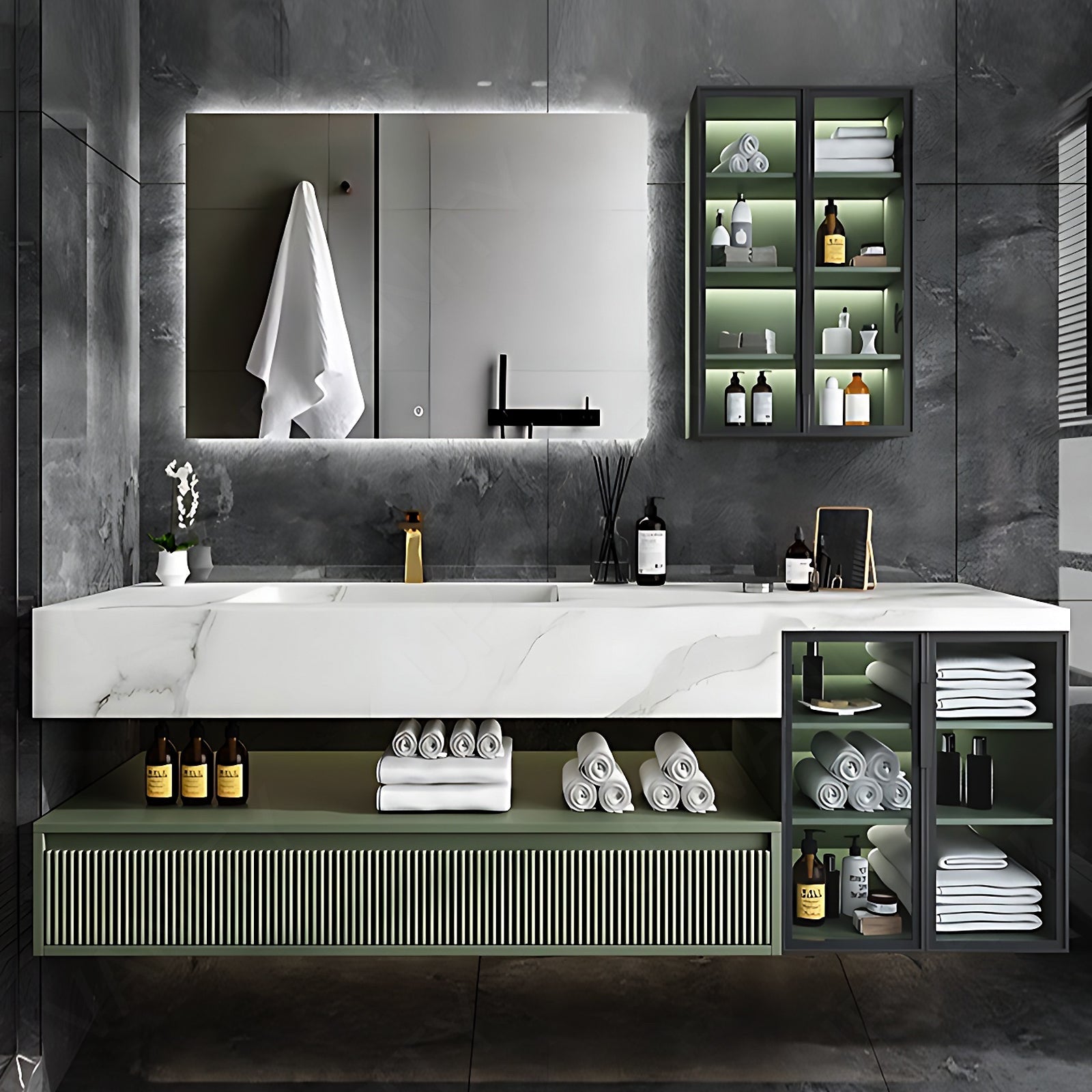 Modern Bath Vanity Set, Green, Split White Top, 36"- 78", Single, Floating, Smart LED Mirror, Side Cabinet