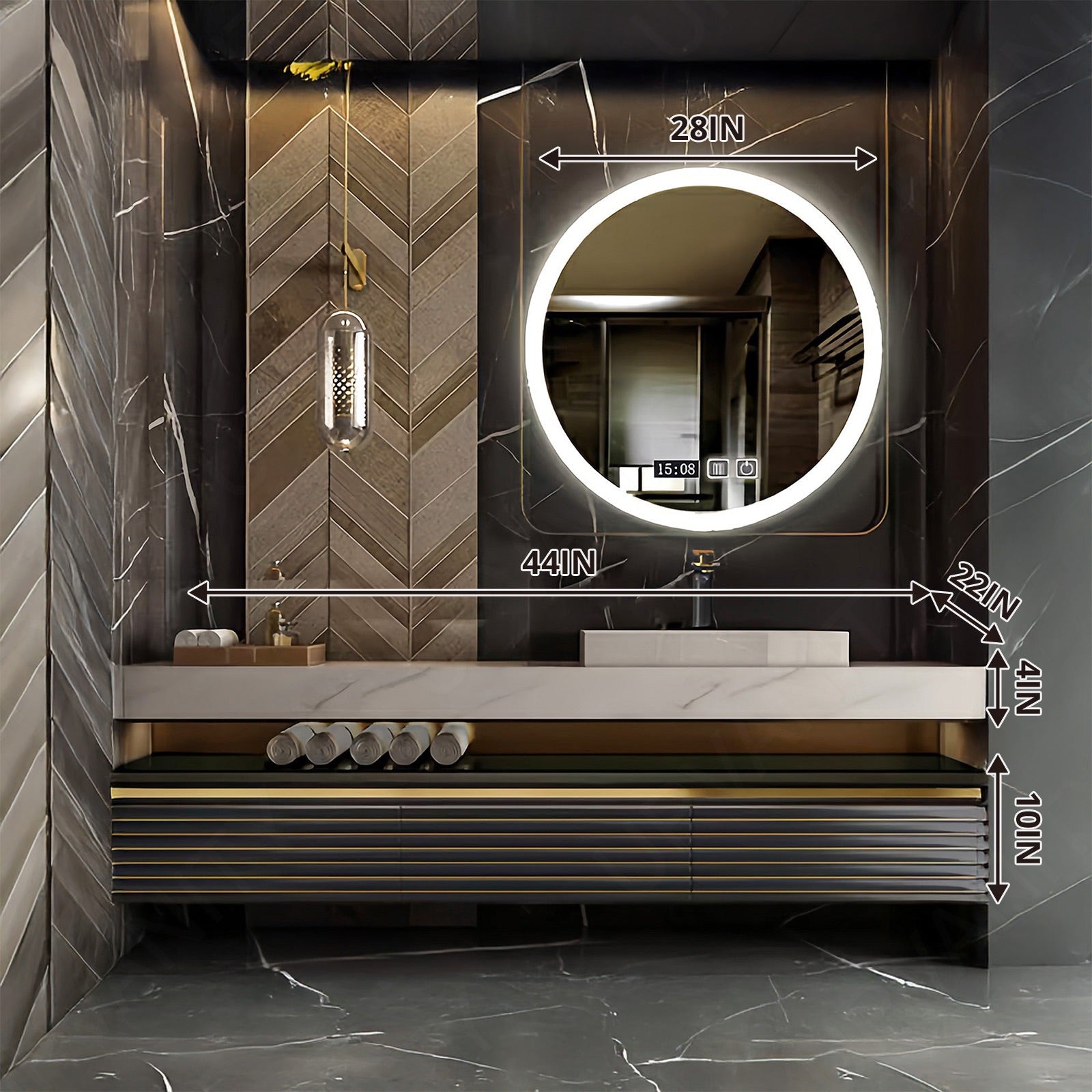 Modern Bath Vanity Set, Green, Striped Panel, Open Storage, 40"- 64", Single Vessel Sink, Floating, Smart LED Mirror