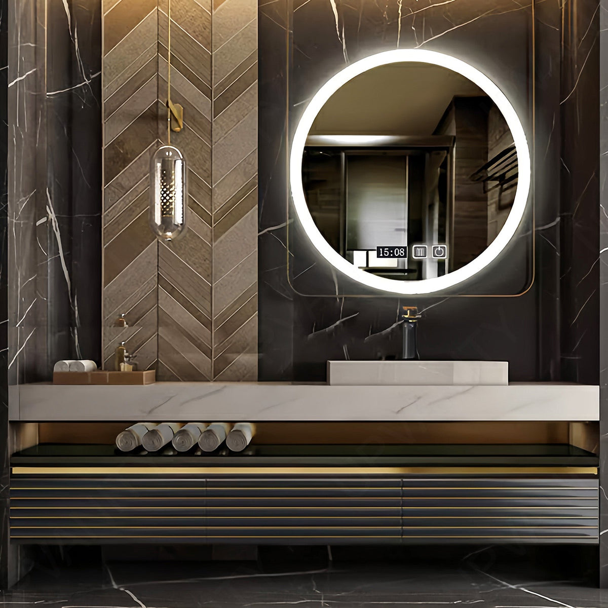 Modern Bath Vanity Set, Green, Striped Panel, Open Storage, 40"- 64", Single Vessel Sink, Floating, Smart LED Mirror