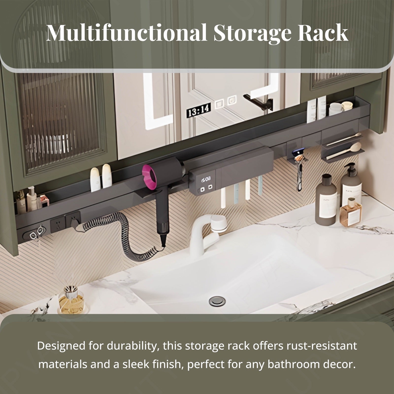 Modern Bath Vanity Set, Green, White Marble Textured Top, 36"-64", Single, Floating, Smart LED Mirror, Rear Cabinet, Storage Rack