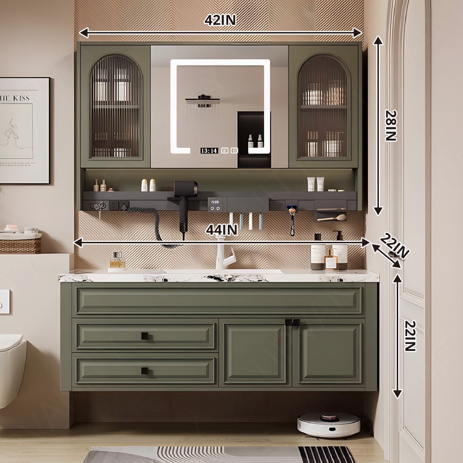 Modern Bath Vanity Set, Green, White Marble Textured Top, 36"-64", Single, Floating, Smart LED Mirror, Rear Cabinet, Storage Rack
