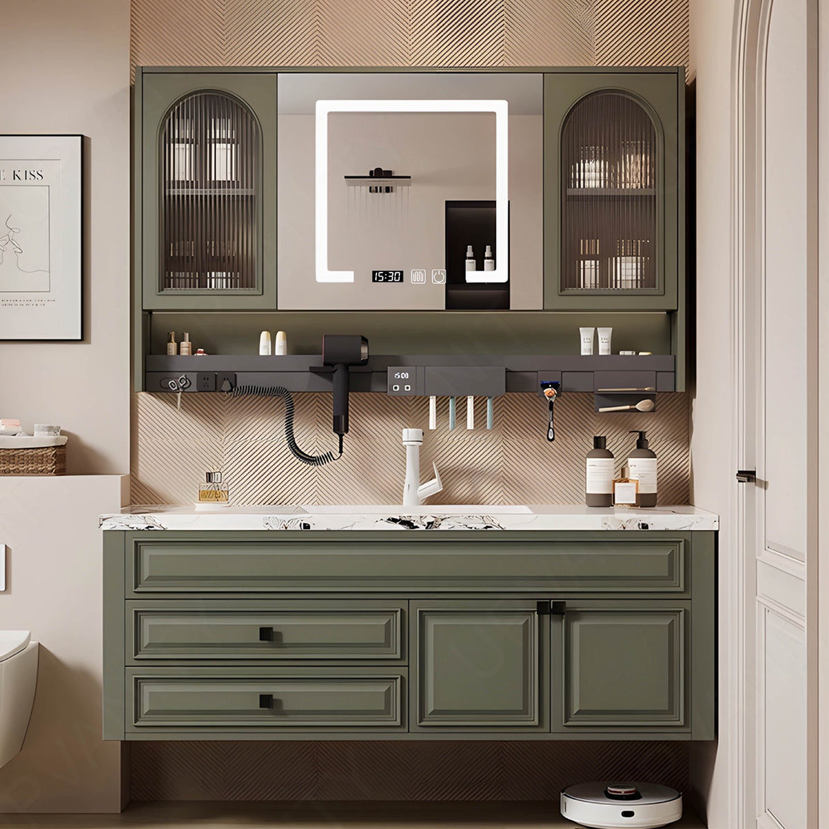 Modern Bath Vanity Set, Green, White Marble Textured Top, 36"-64", Single, Floating, Smart LED Mirror, Rear Cabinet, Storage Rack