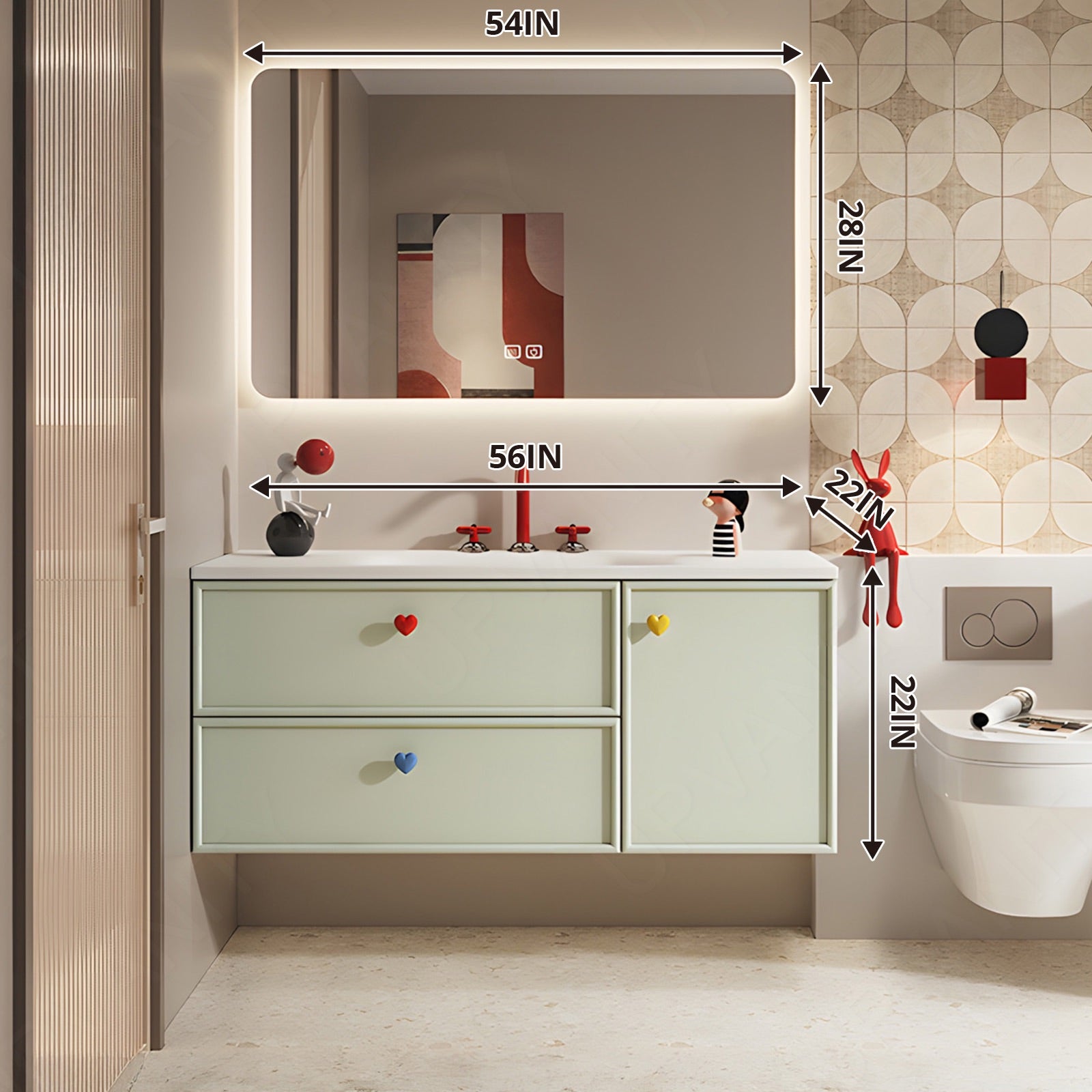 Modern Bath Vanity Set, Green, White Slate Top, 40"-60", Single, Floating, Sectional Storage, Smart LED Mirror