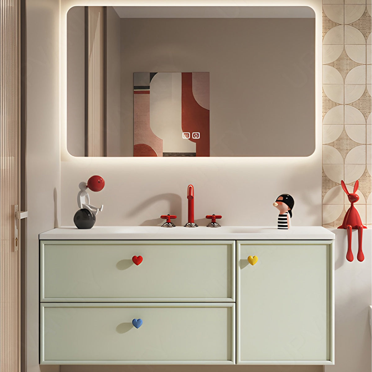 Modern Bath Vanity Set, Green, White Slate Top, 40"-60", Single, Floating, Sectional Storage, Smart LED Mirror