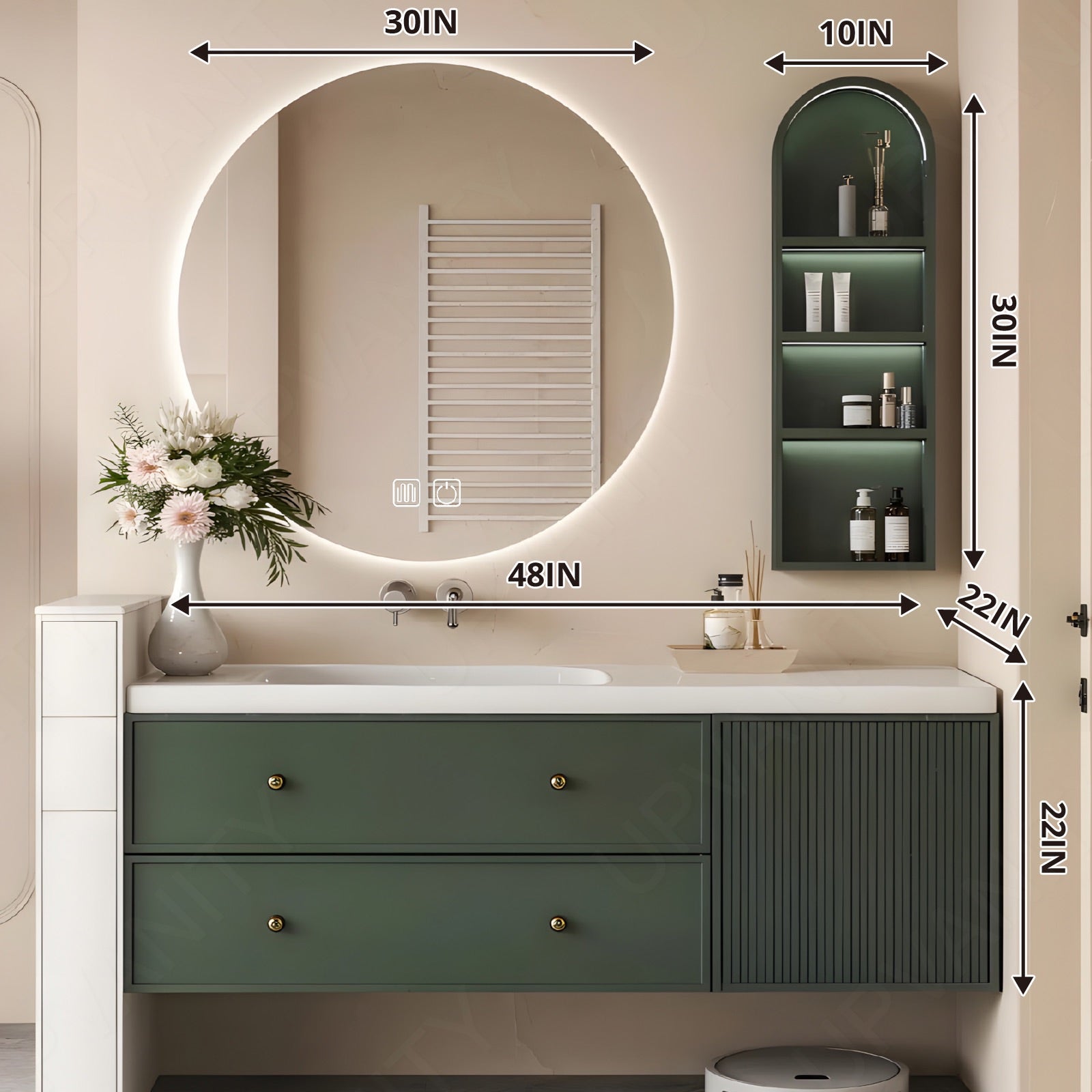 Modern Bath Vanity Set, Green, White Slate Top, 44"-64", Single, Floating, Round Smart LED Mirror, Gold Accents, Side Cabinet