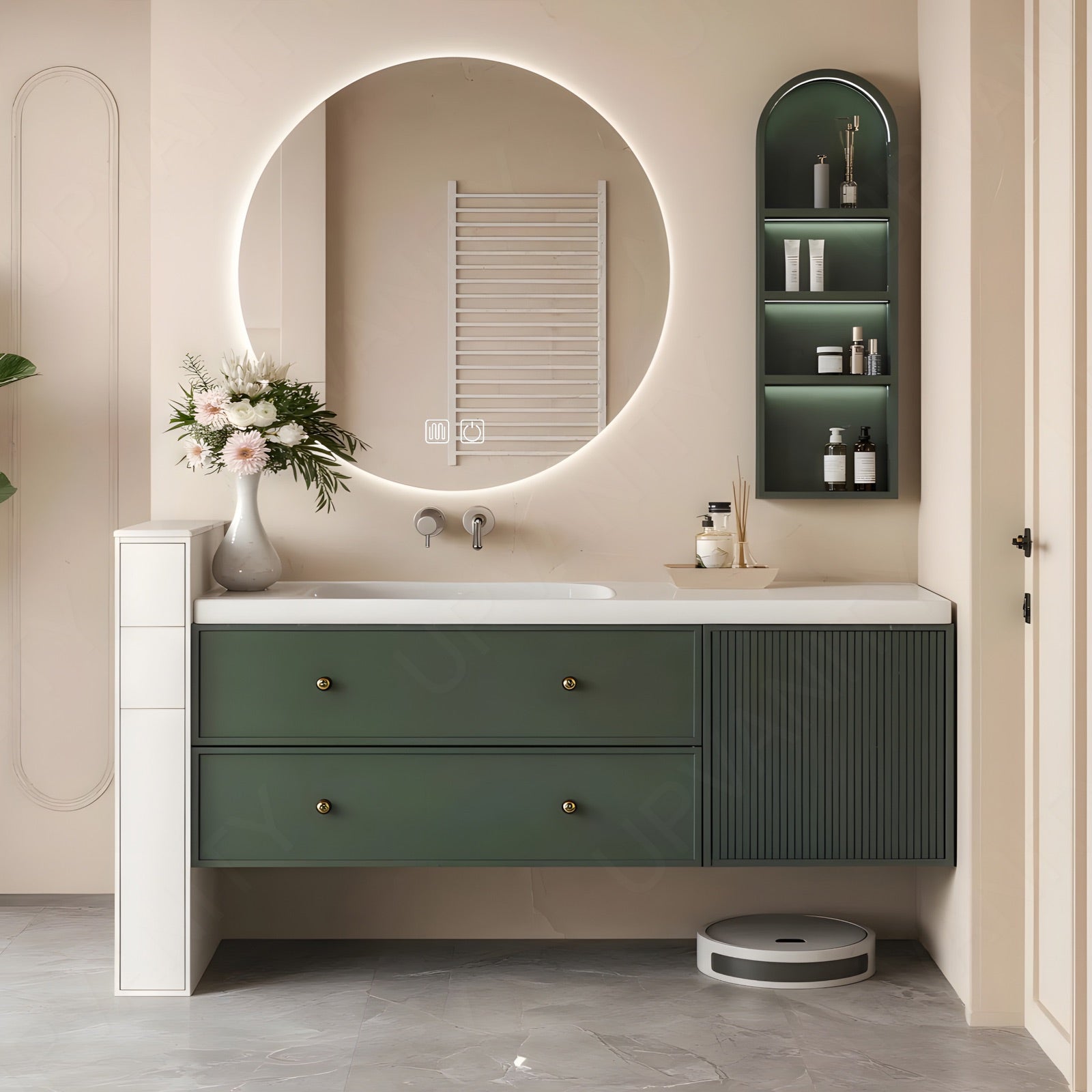 Modern Bath Vanity Set, Green, White Slate Top, 44"-64", Single, Floating, Round Smart LED Mirror, Gold Accents, Side Cabinet