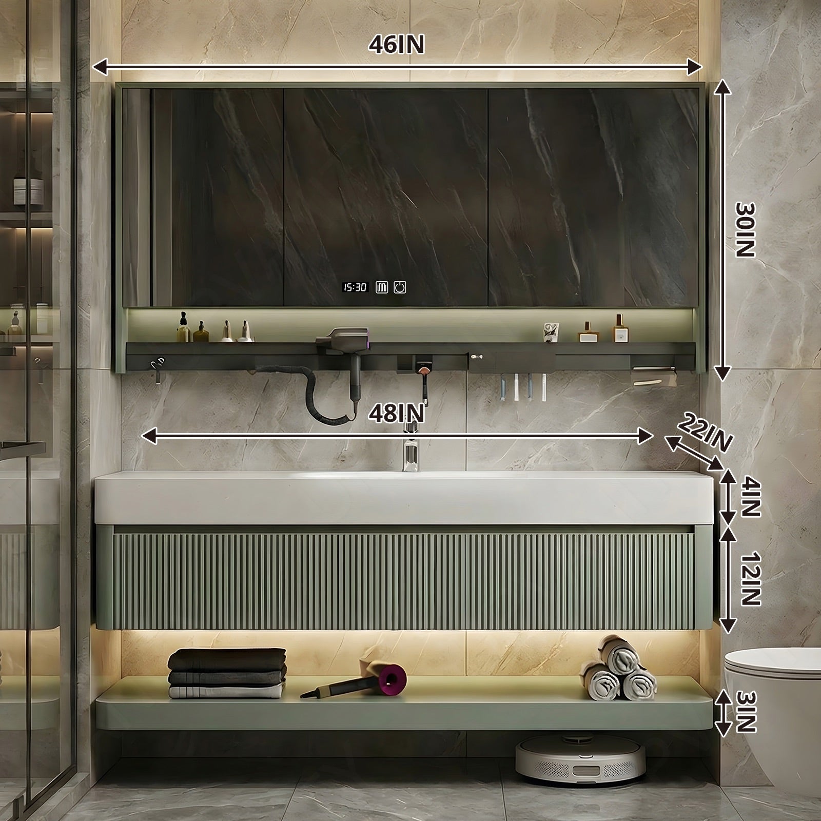 Modern Bath Vanity Set, Green, White Slate Top, Striped Panels, 36"- 78", Double, Floating, Smart LED Mirror, Rear Cabinet, Storage Rack